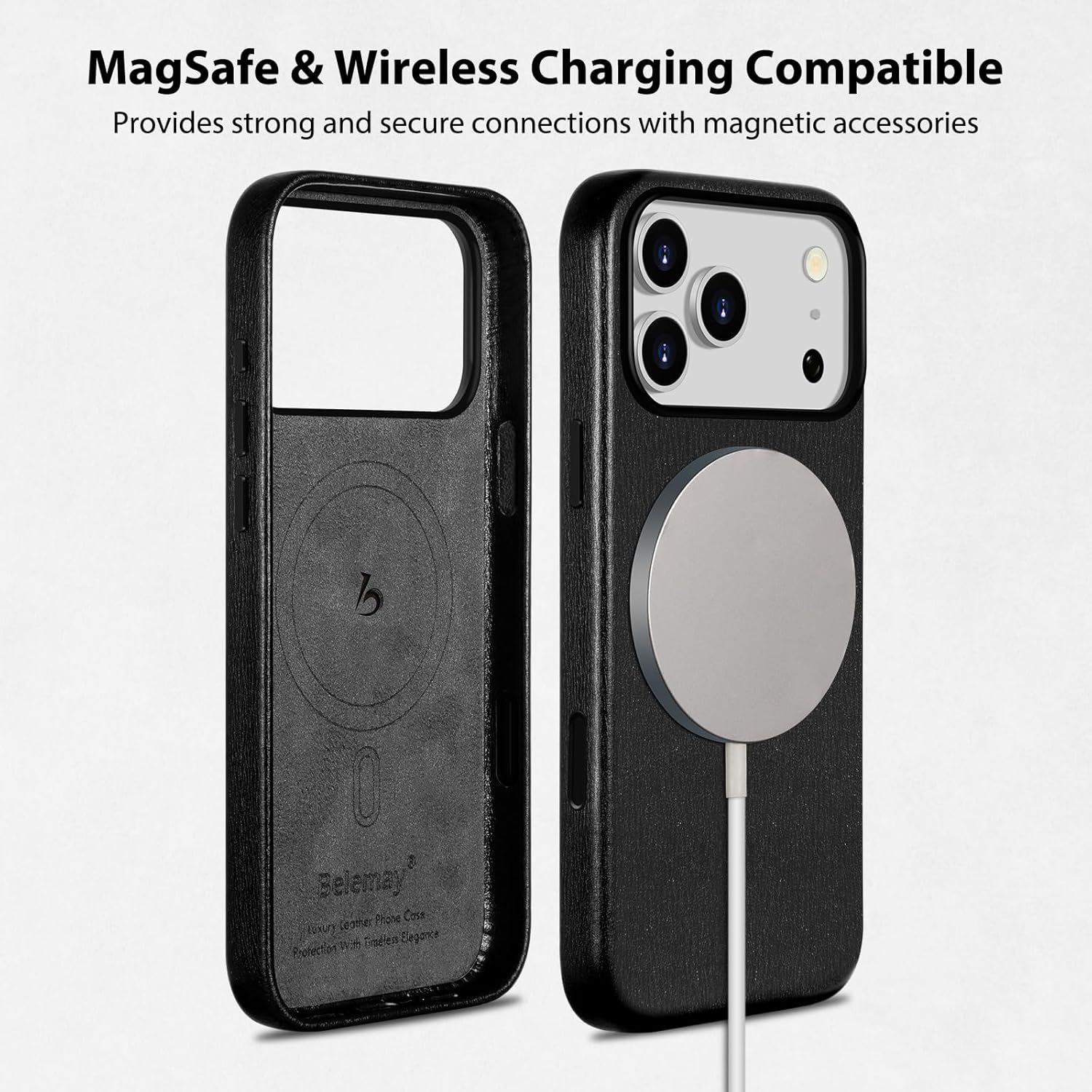Belemay Handcrafted Premium Textured Leather Case for iPhone 17 Pro Max, Compatible with MagSafe, Modern Minimalist Design, Smooth & Subtle, Camera Control Button, Metal Buttons (6.9"), Black - Image 4