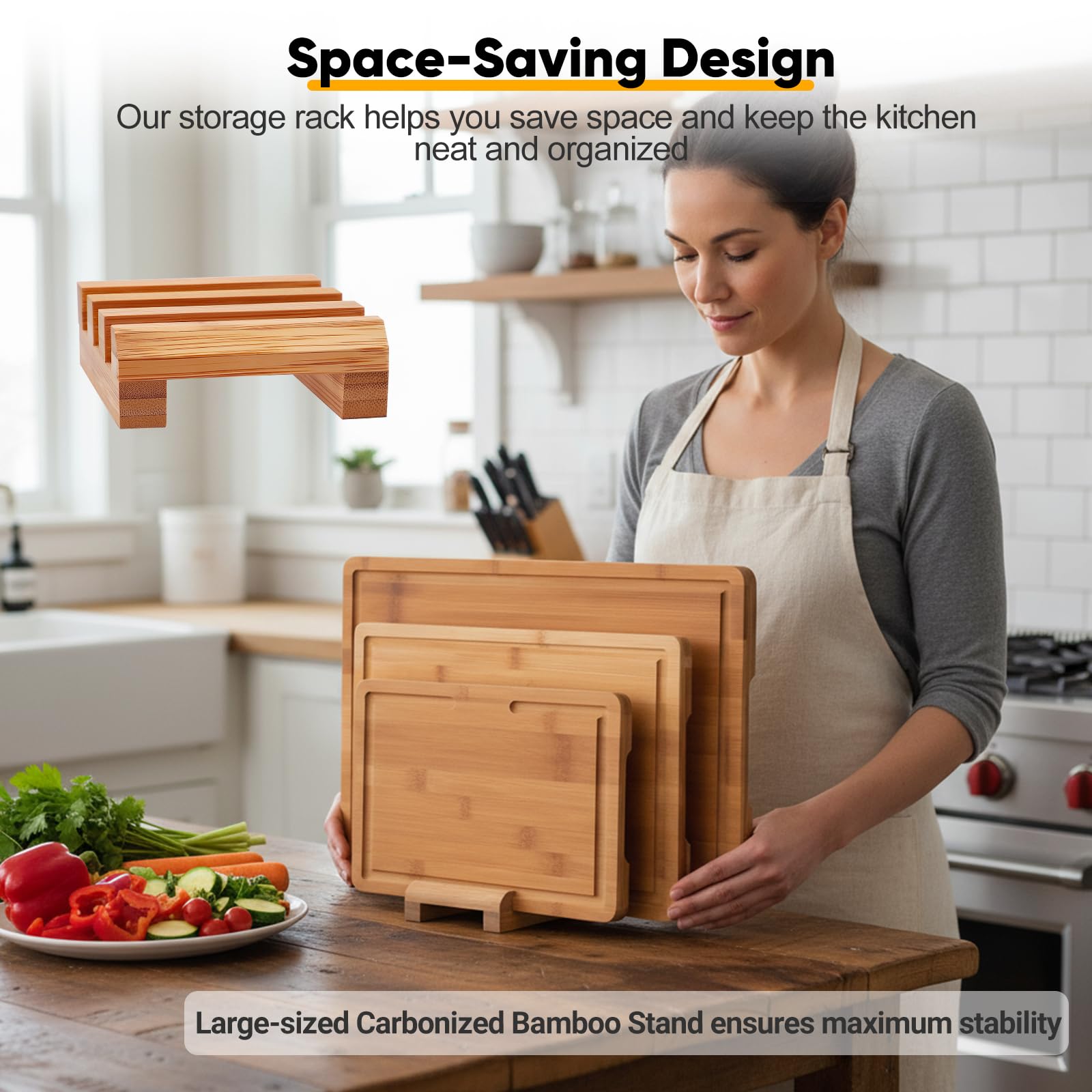Set di 3 taglieri in legno di acacia con supporto, taglieri da cucina di alta qualità con scanalatura per succo e olio, taglieri in legno certificato FSC per carne e verdura