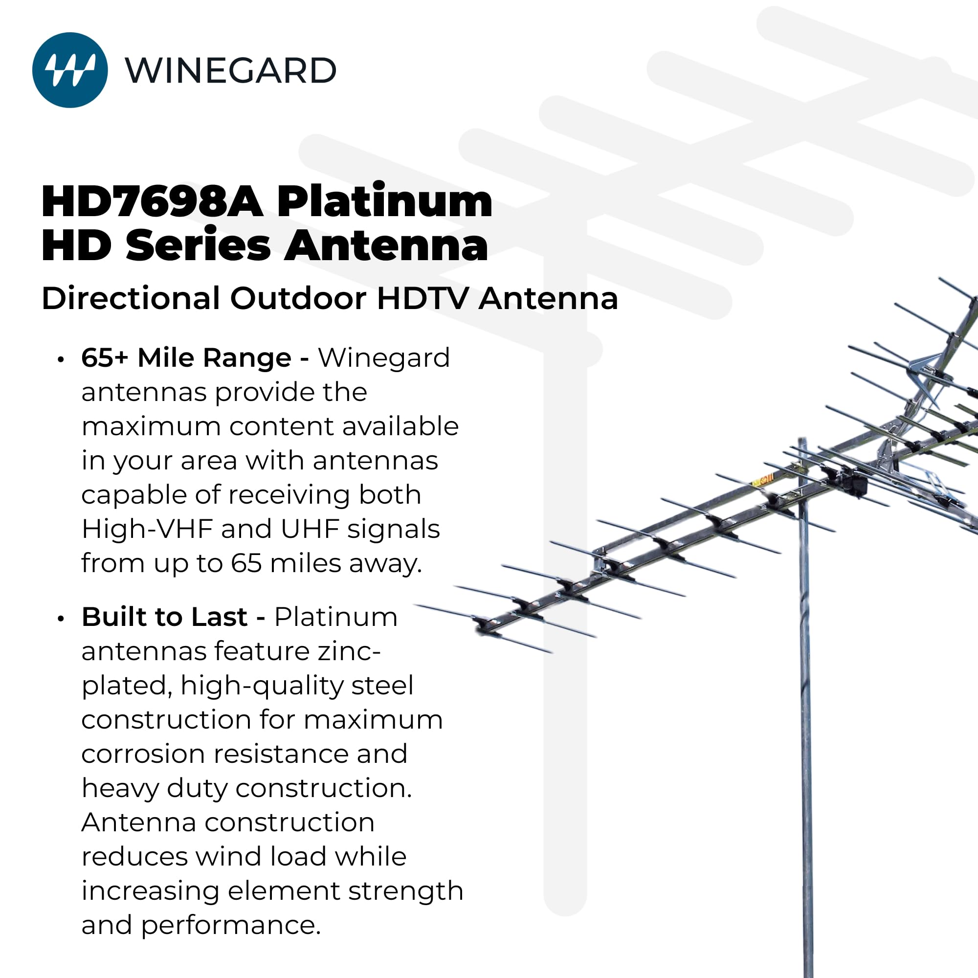 Winegard HD7698A Antena HDTV de largo alcance para exteriores, VHF UHF de alto rendimiento, Yagi con rango de 65 millas, construcción de aluminio de grado profesional
