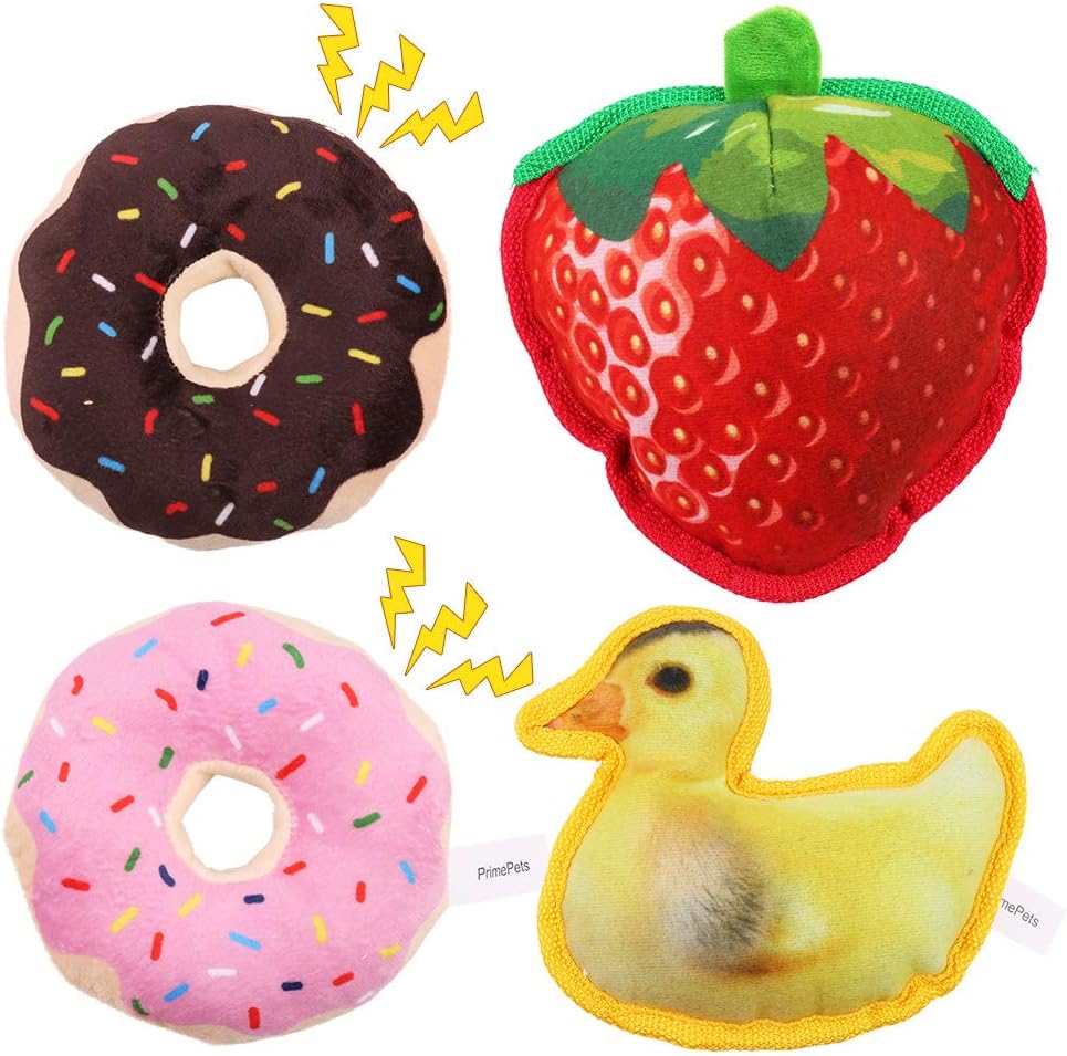 4PCS Dog Squeaky Toys, Cute Stuffed Dog Plush Toys, Durable Puppy Stuffed Chew Toys, 5.5 inch Donuts Strawberry Duck Toys Bundle for…
