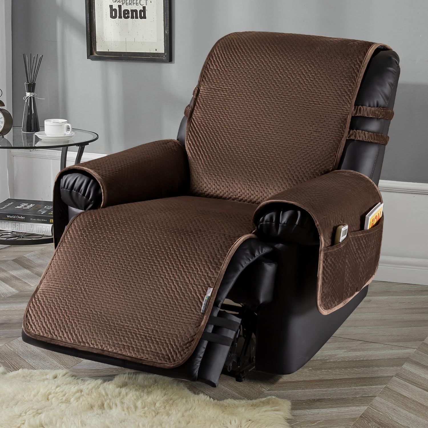 STONECREST Recliner Chair Cover, Water Resistant Velvet Quilted Slipcover, Stay in Place (LtChocolate, Recliner 64cm Regular)