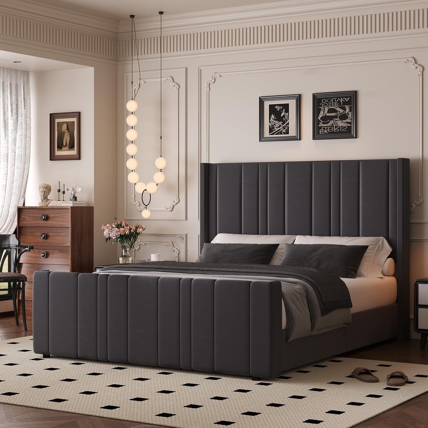 HOMBCK Bed Frame Queen Size, Upholstered Bed Frame Queen with Velvet Headboard & Footboard, Vertical Channel Tufted Design, No Box Spring Needed, Wooden Slats, Noise Free, Easy Assembly, Grey