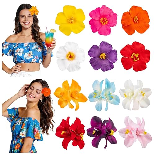 12Pcs Hawaiian Flower Hair Clips for Women, Hibiscus Hair Clips