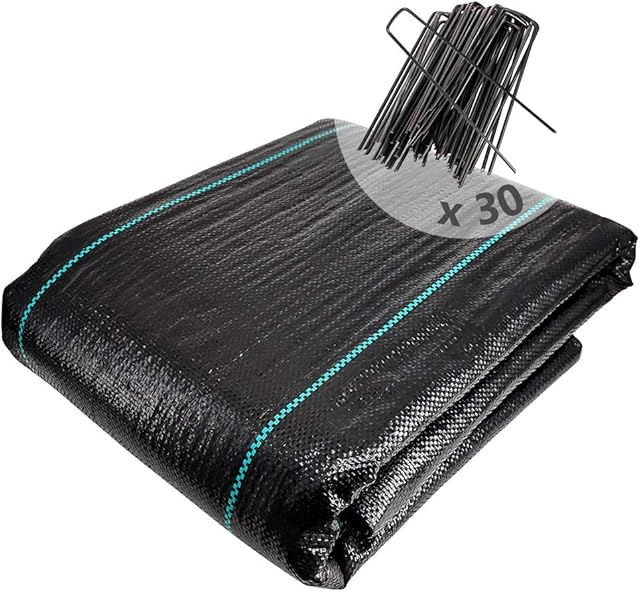 VOUNOT Weed Control Membrane 2m x 10m, with 30 Securing Pegs, Heavy Duty Weed Control Barrier Fabric, Landscape Ground Cover Suppressant Membrane for Garden, UV Stabilised