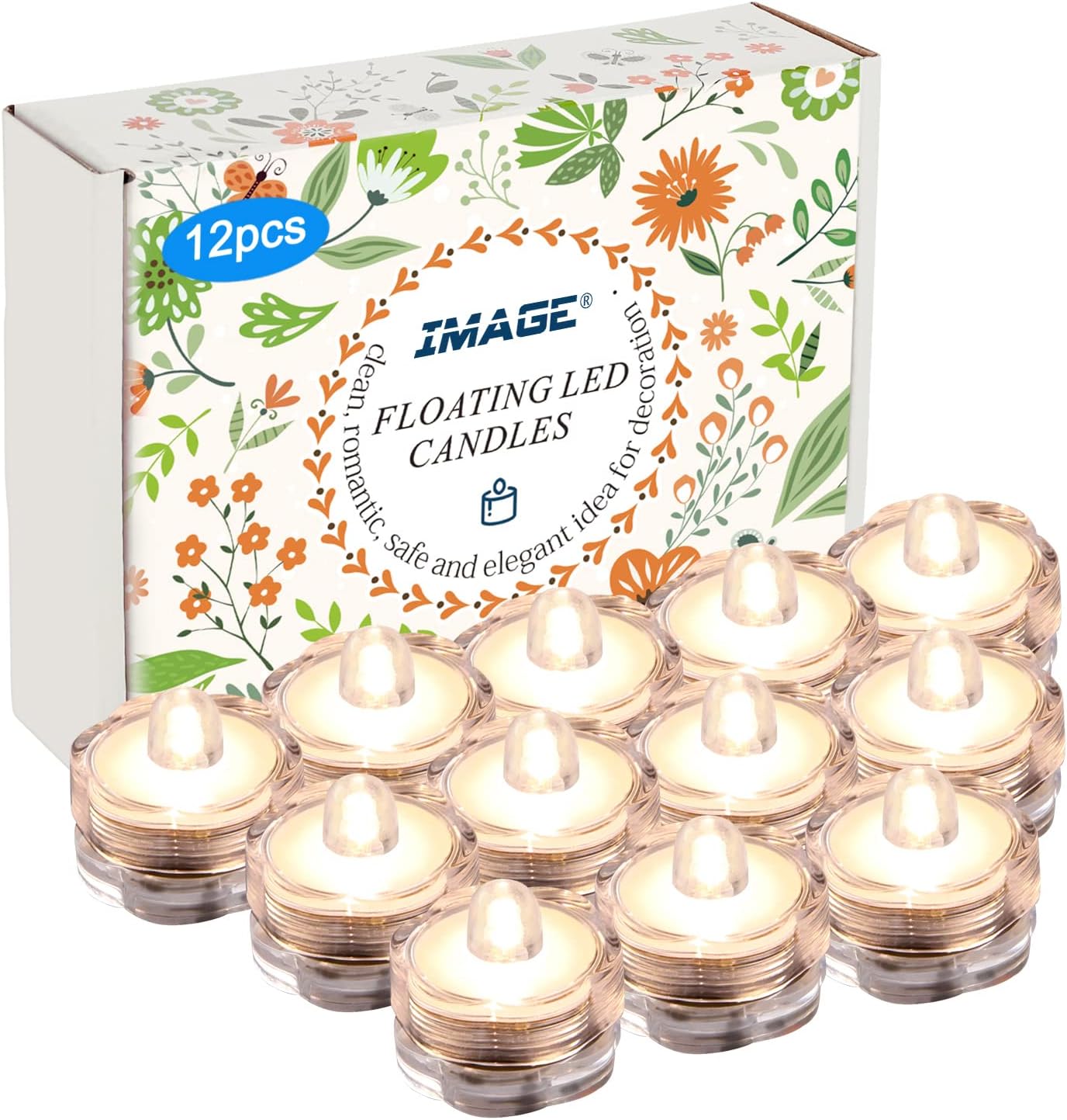 IMAGE 12x LED Waterproof Submersible Tealights Flameless Tealight Battery-Operated Sub Lights for Wedding Christmas Thanksgiving Party Events Home Decor Floral Warm White