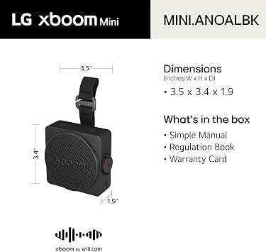 LG xboom Mini by will.i.am Portable Outdoor Bluetooth Speaker, up to 10 Hours, IP67 Dust and Water Resistant, Adjustable Hanging Strap, Black