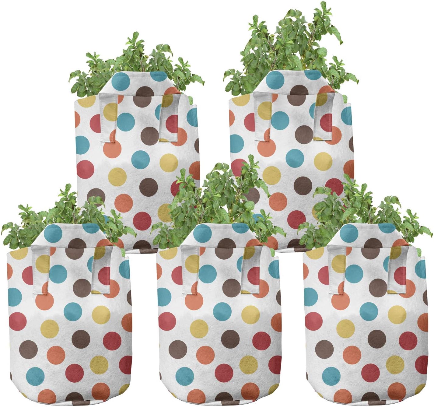 Ambesonne Polka Dots Grow Bags 5-Pack, Modern Colorful, Heavyduty Fabric Pots with Handles for Plants, White Multicolor