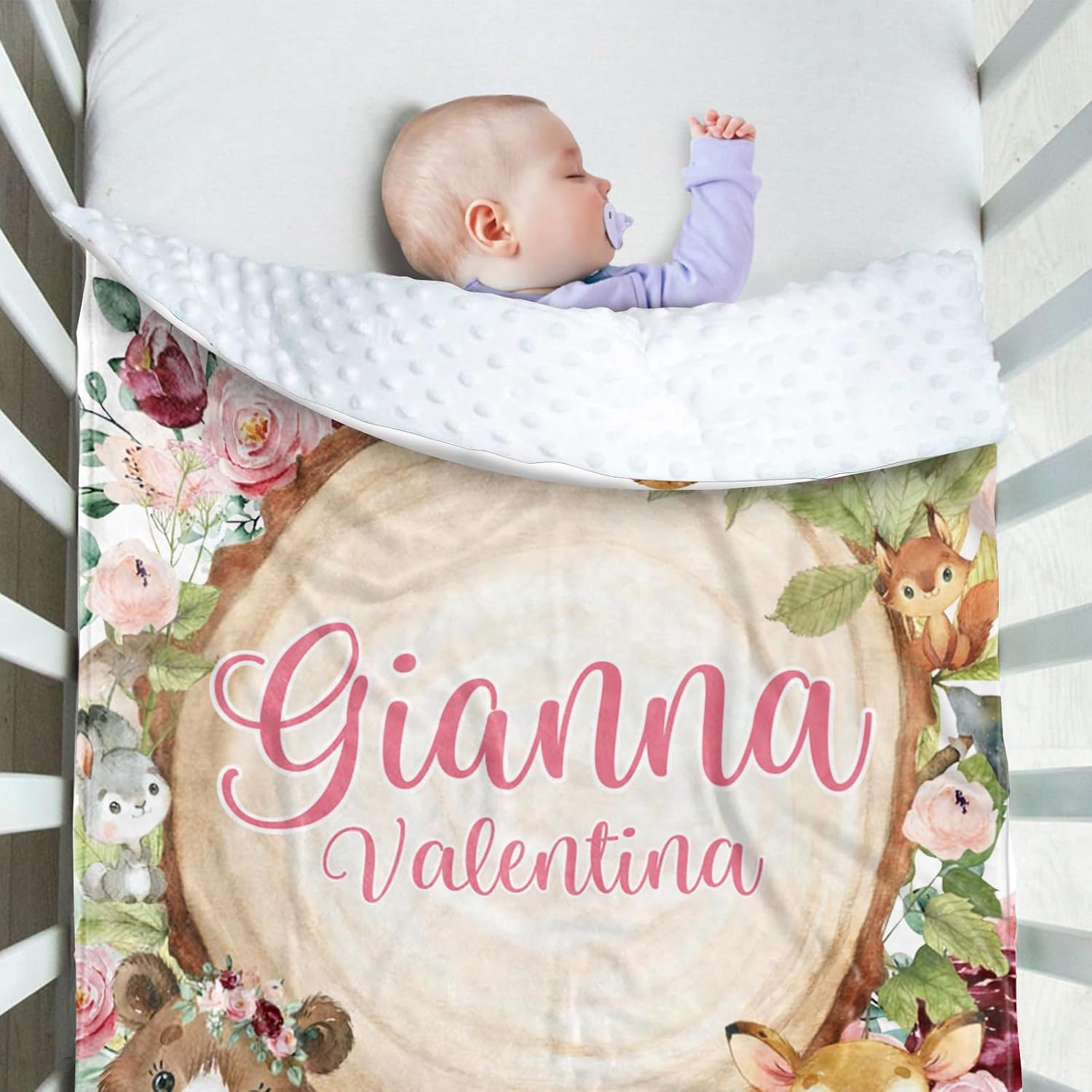 Custom Baby Blanket - Personalized Name with Woodland Animals Design - Soft Plush Blanket with Double Layer Dotted Backing for Boys Girls Gift Color02