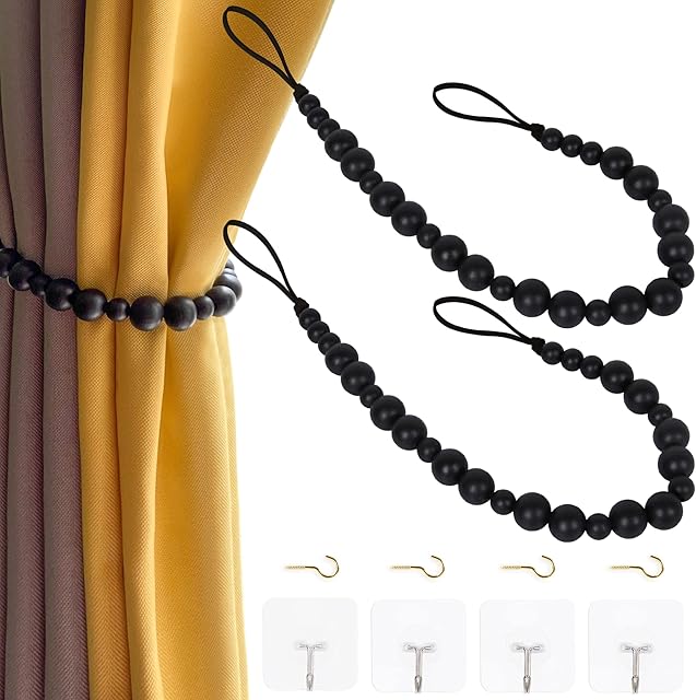 2 Pieces Wood Bead Curtain Tieback Boho Curtain Tiebacks Curtain Holdbacks for Wall Curtain Ties Window Treatment Drape Tie Back with Hooks for Bedroom Wall Dining Decoration(Black Color,2)