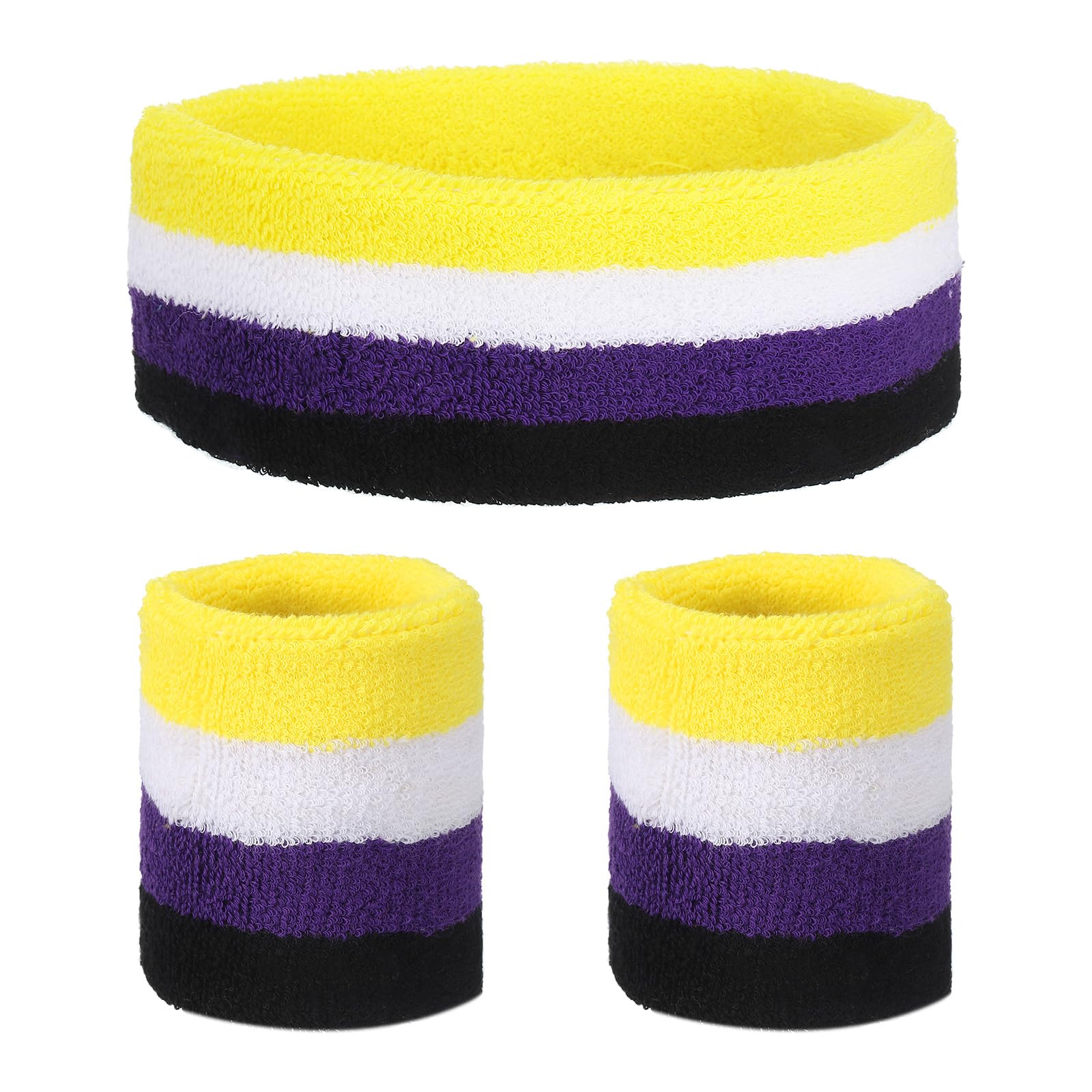 sourcing map Sweat Band Set Sports Terry Cloth Headband Wristband Set 7"x2" Moisture Wicking Sweat Absorbing Head Band for Women Men Workout Exercise (Yellow/White/Purple/Black)