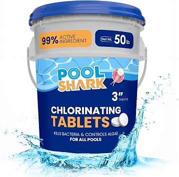 Pool Shark Swimming Pool Chlorine Tablets - 3-Inch Chlorine Tablets - Slow-Dissolving 90% Active Chlorine Tabs - Pool Chemicals for Inground Pools, Above Ground Pools, Saltwater, Spa, Hot Tub (50 lbs)