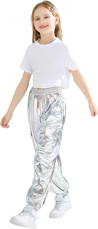 Rolanko Girls Metallic Cargo Pants, Shiny Jogger Pant for Dance 6-15 Years
