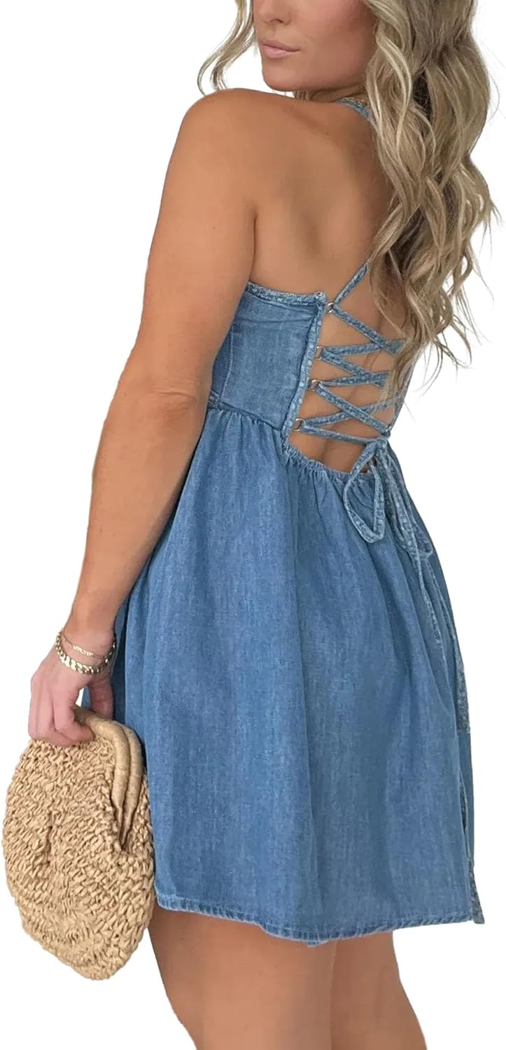 SOMTHRON Women's Denim Mini Dress Sleeveless Halter Neck Tie Back Pleated Swing Ruffle Jean Short Dress - Image 2
