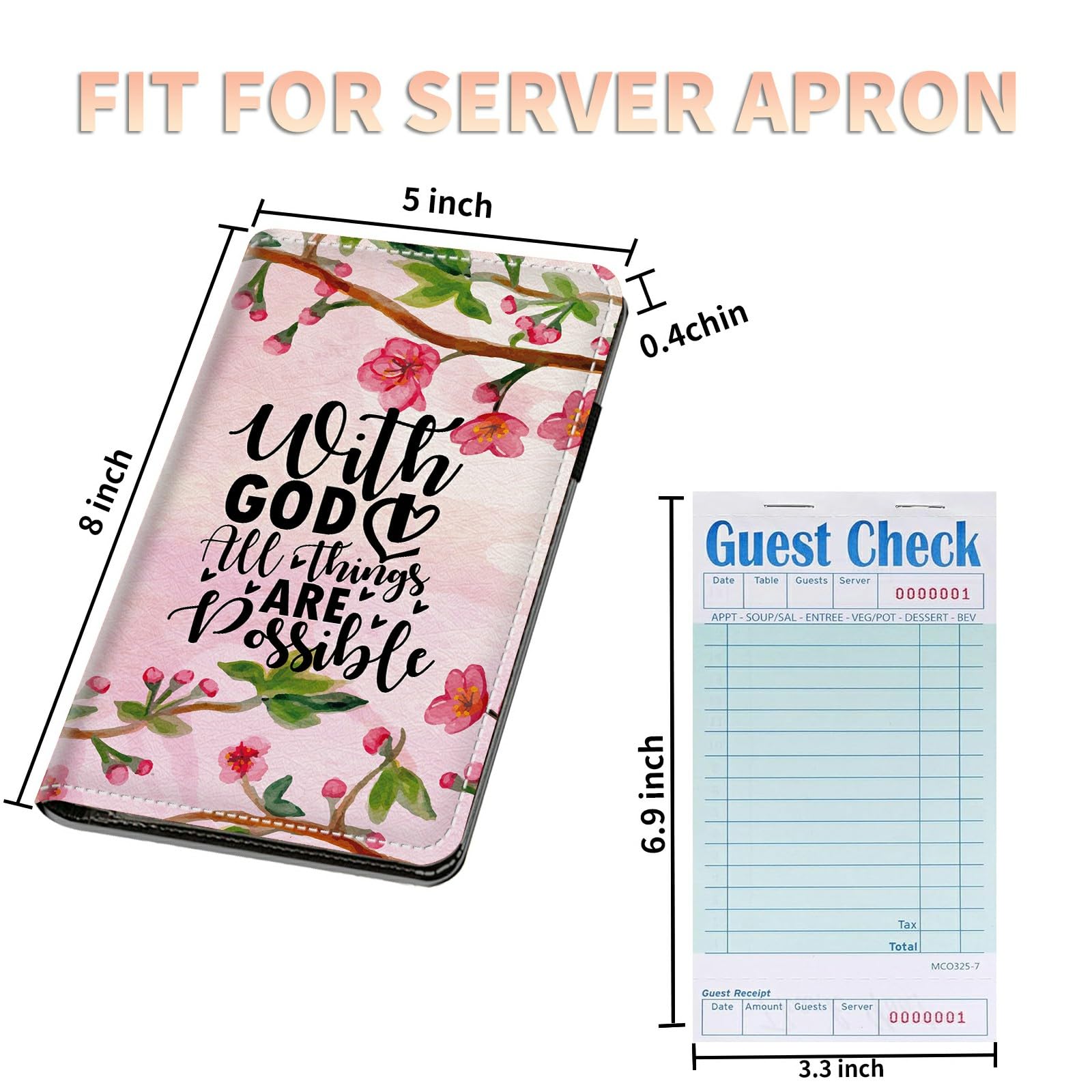 Server Books Plus 2 Pack Guest Checks Pads for Waitress Waiter, Pink Flower Server Booklet Waitstaff Organizer with Zipper Pocket Guest Check Presenters Server Wallet Money Holder (5