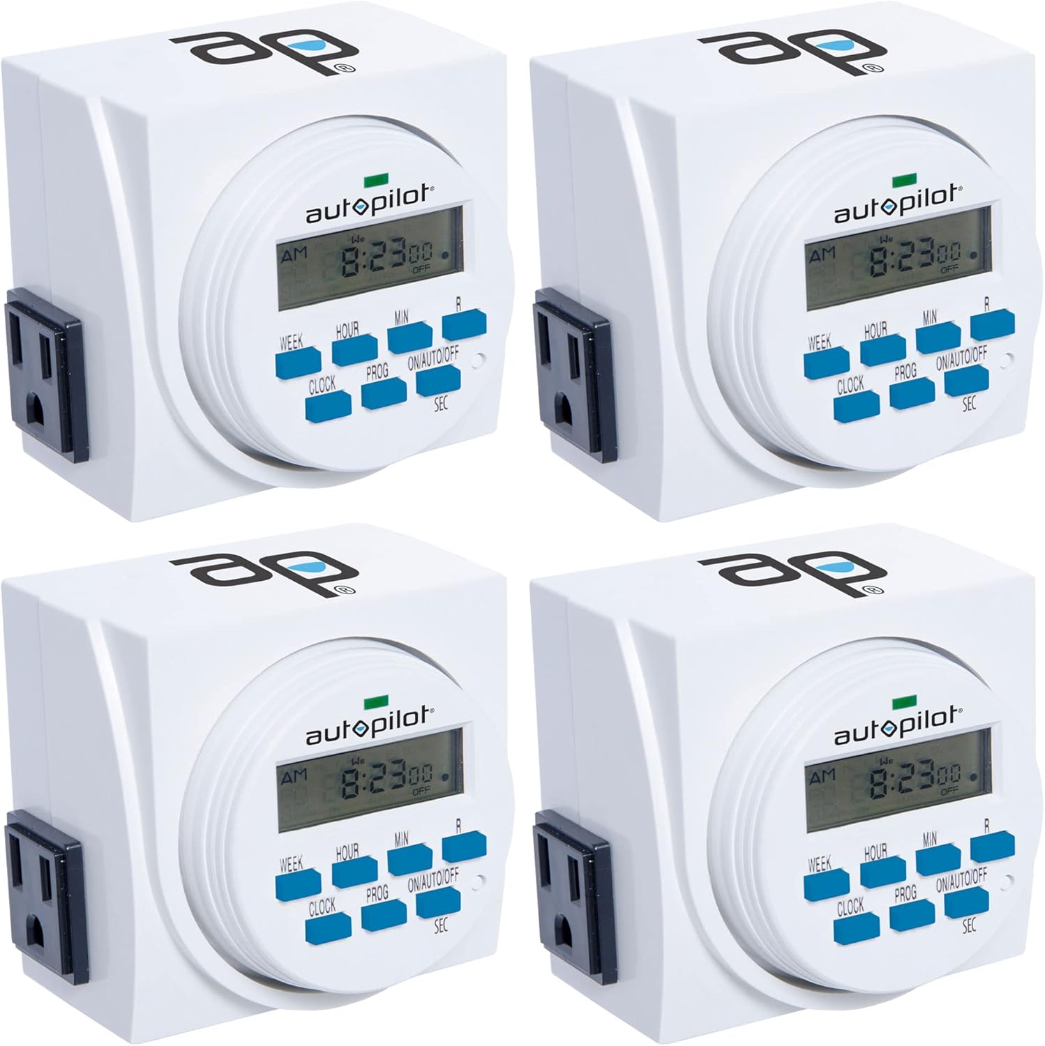 HYDROFARM 7 Day Dual Outlet Indoor Digital Programmable Scheduled Timer Controllers with On/Off Button for Fans and Lights, (4 Pack)