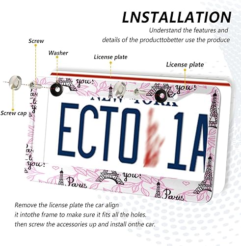 Miniatura 5 de Marco de matrícula de la torre Eiffel, 2 unidades, 2 agujeros, soporte de aluminio para placa de automóvil, decoración universal con tapas de rosca