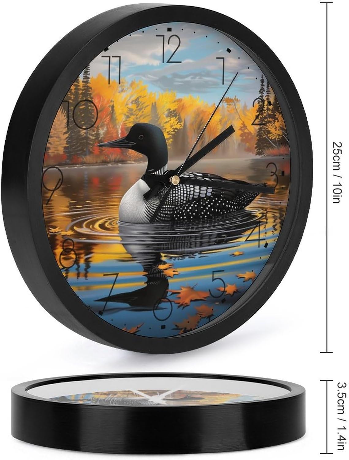 Loons Swimming Lake Wall Clock 10 Inch Silent Non-Ticking Decorative Wall Clocks Battery Operated for Kitchen/Living Room/Bathroom/Bedroom/Office