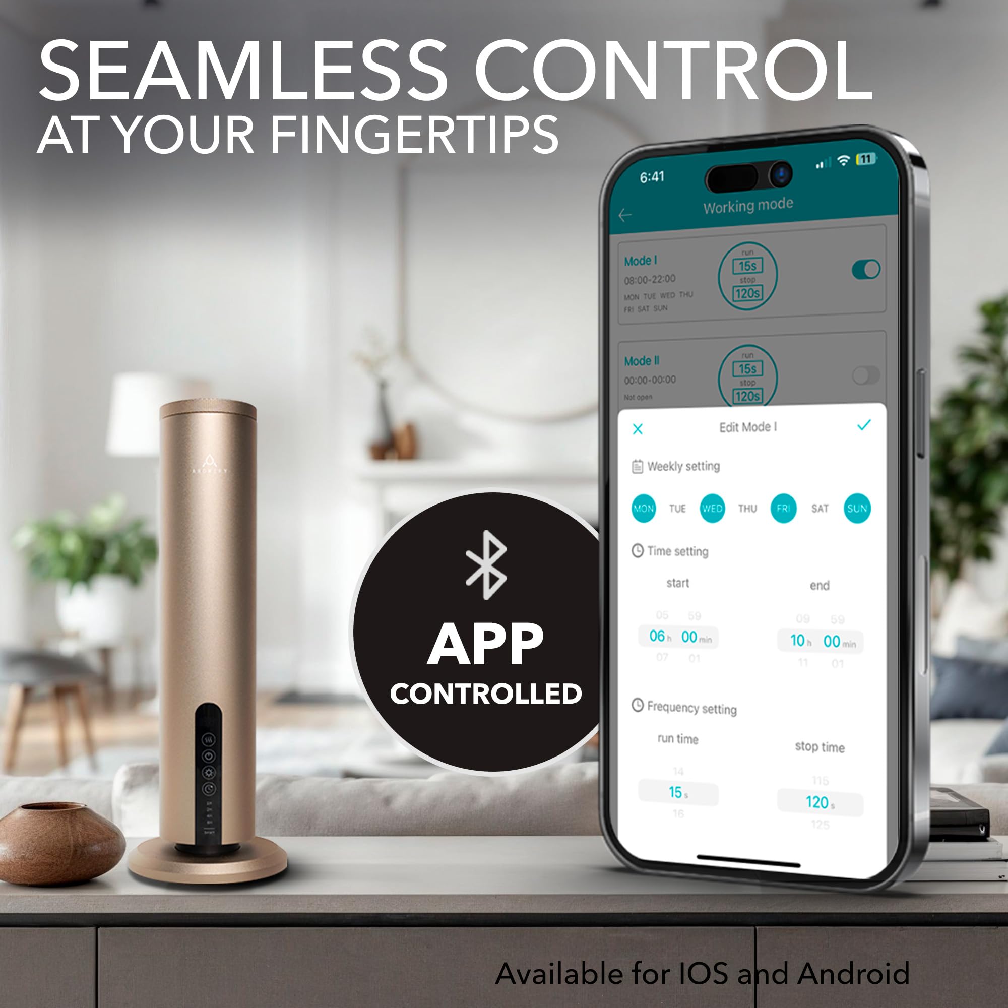 Breeze Difusor sin agua, difusor de aceite de fragancia inalámbrico y recargable con aceites de té blanco y cabaña incluidos, cobertura de 1200 pies cuadrados, control Bluetooth y aplicación