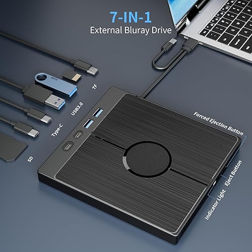 Miniatura 4 de Unidad Blu Ray externa, unidades Bluray portátiles lector de CD DVD BD, USB 3.0 Tipo-C delgado óptico CDDVD Blu Ray quemador para MacBook Laptop PC