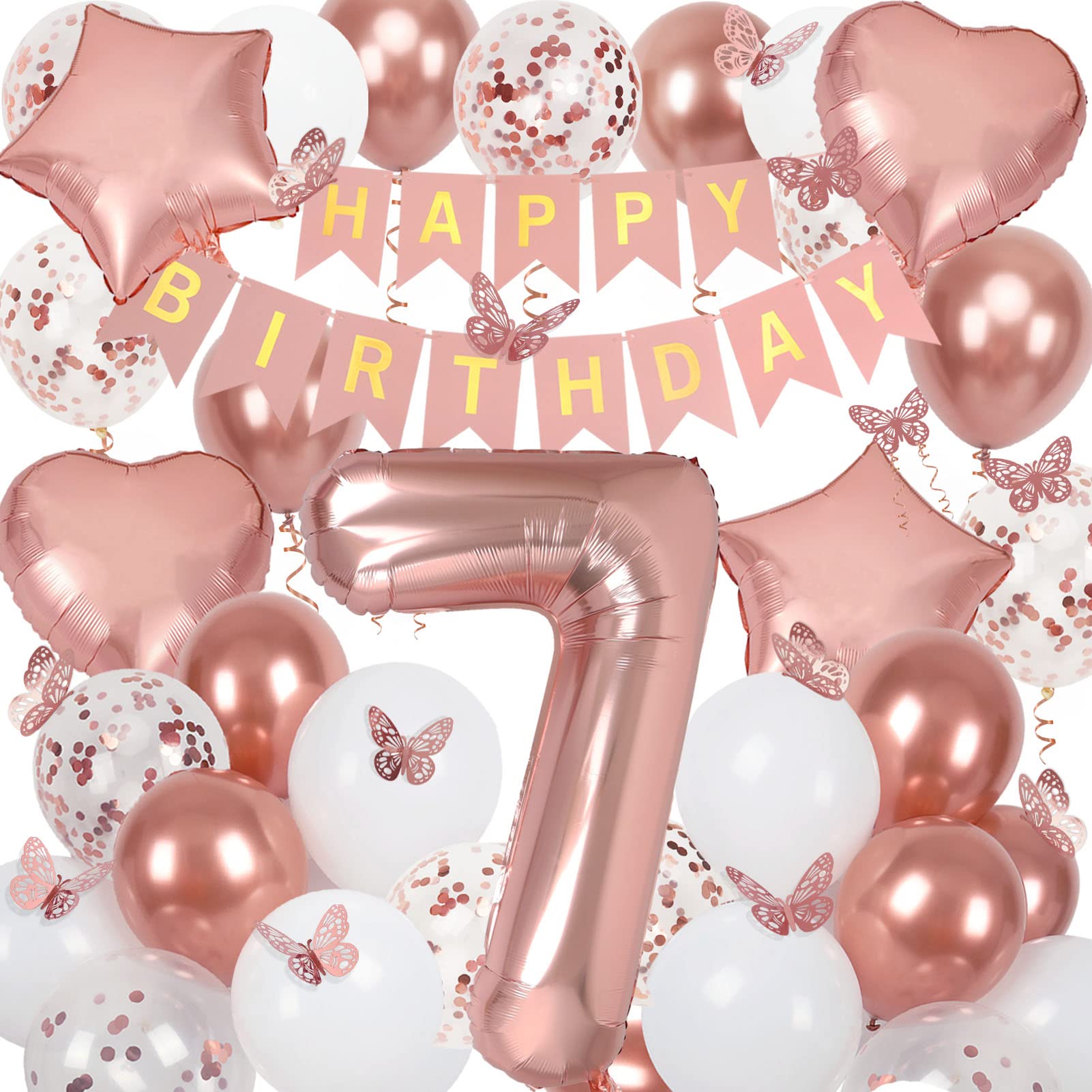 7th Birthday Decorations for Girls, Rose Gold 40 Inch Age 7 Foil Balloons with Happy Birthday Banner and Butterfly Stickers, for Baby Shower, Girls Women Party Decorations