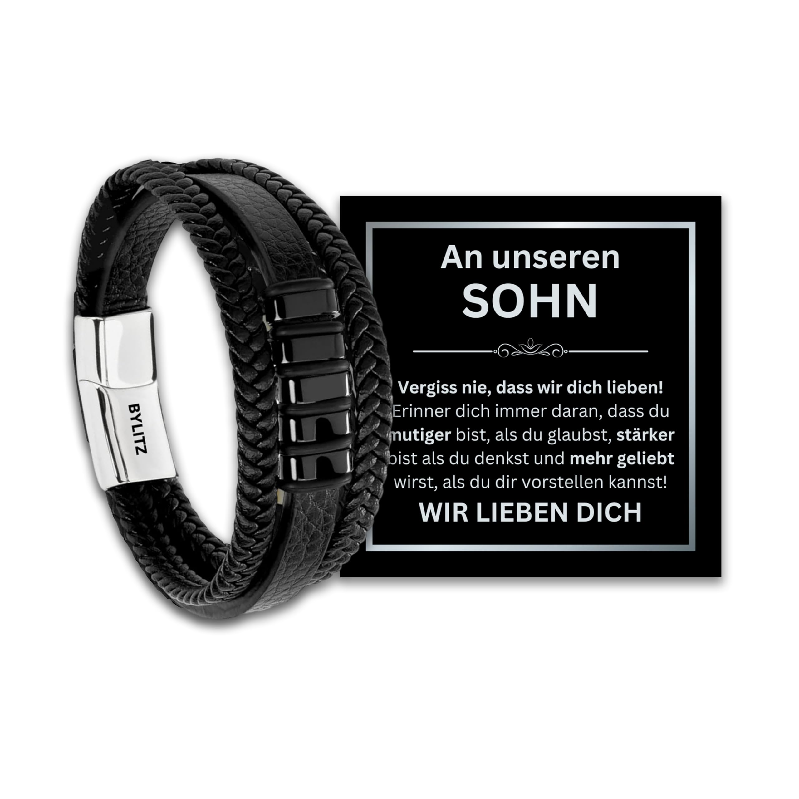Leder Armband personalisiert mit LED Geschenk-Box An meinen Sohn Mann Schatz Geschenk mit Glückwunschkarte für Männer Herren Jugendliche Jungen Geburtstag Weihnachten