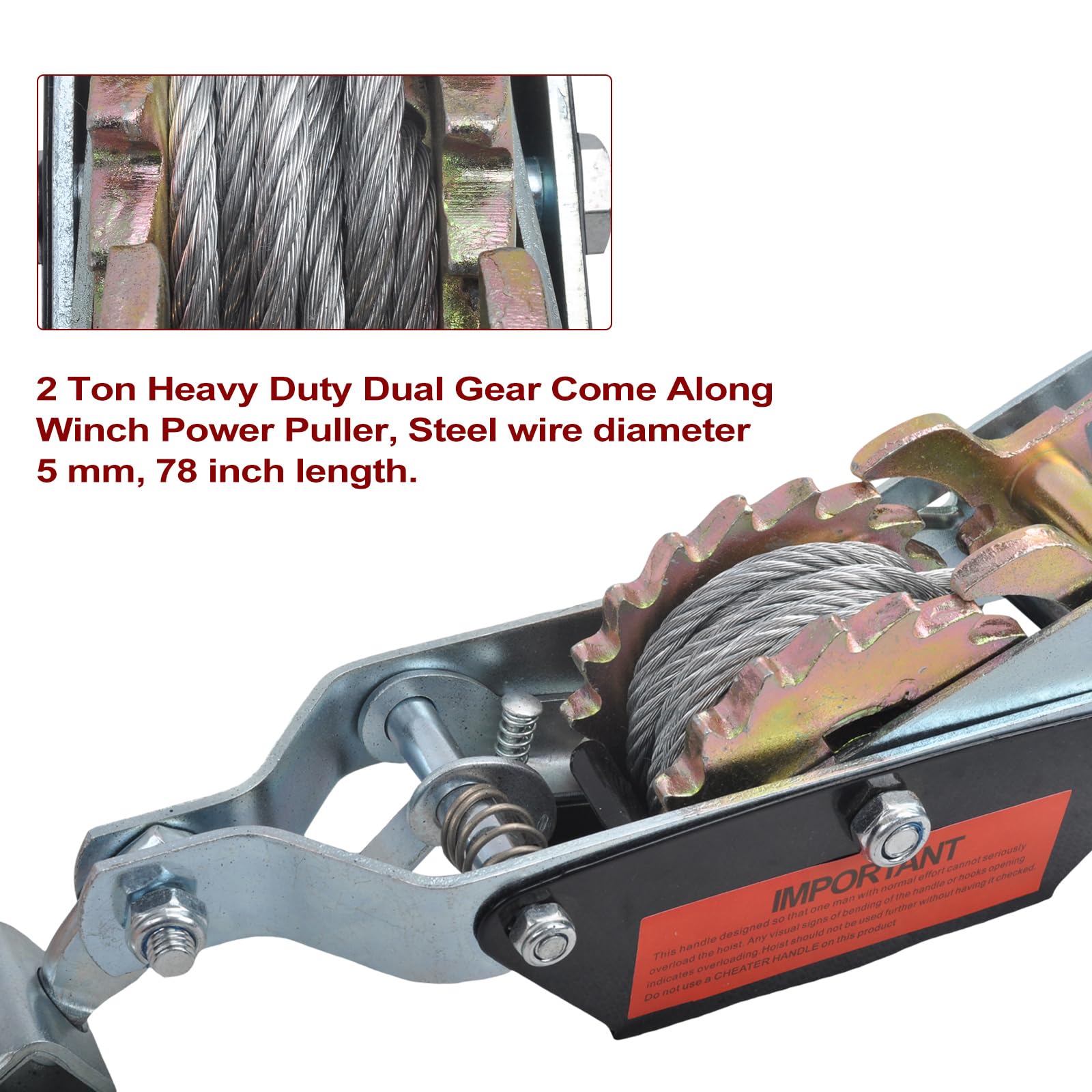 BIGREAT 2 Ton Heavy Duty 2 Hook Steel Cable Dual Gear Power Puller Come