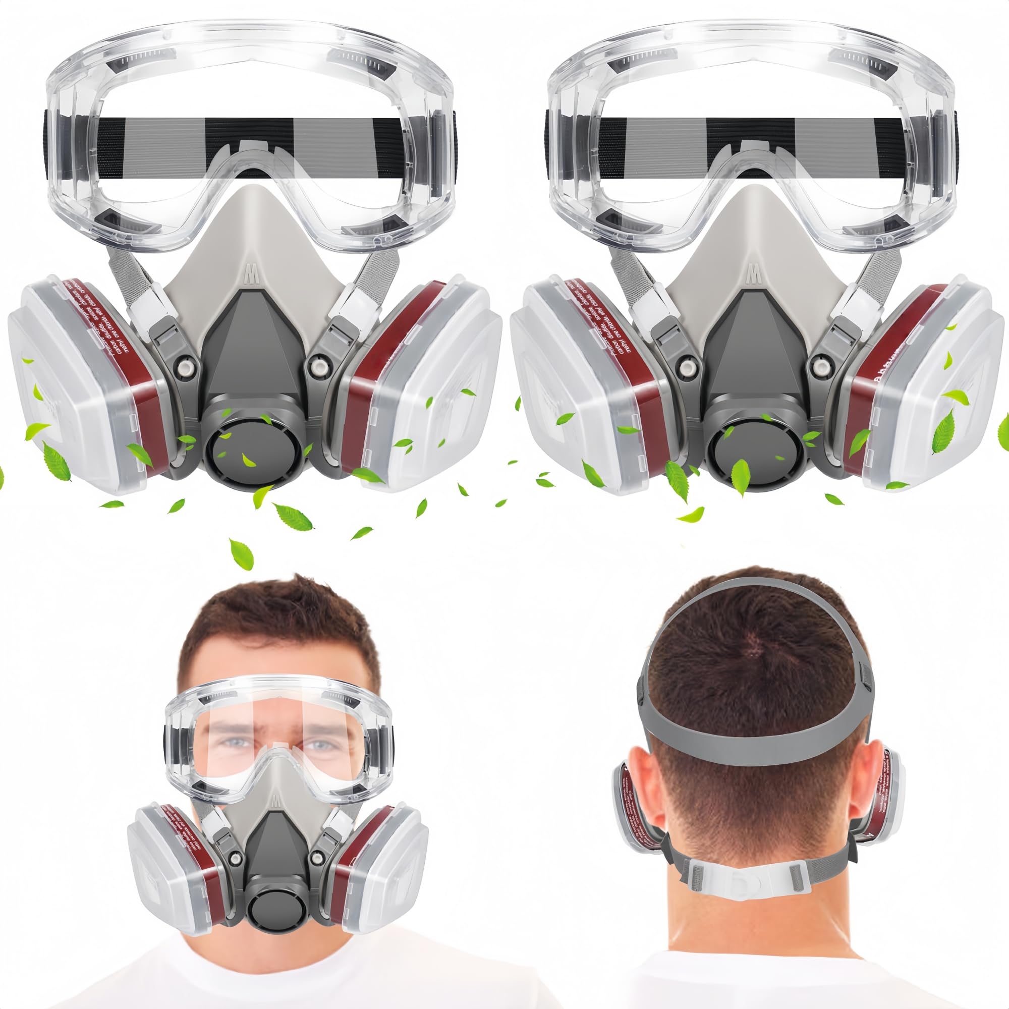 Reusable Full Face Gas Respirator Mask, Gas Masks with Activated Carbon Filter Against Gases,Dust,Organic Vapor,Fume (2, 6200+6001CN+Goggles)