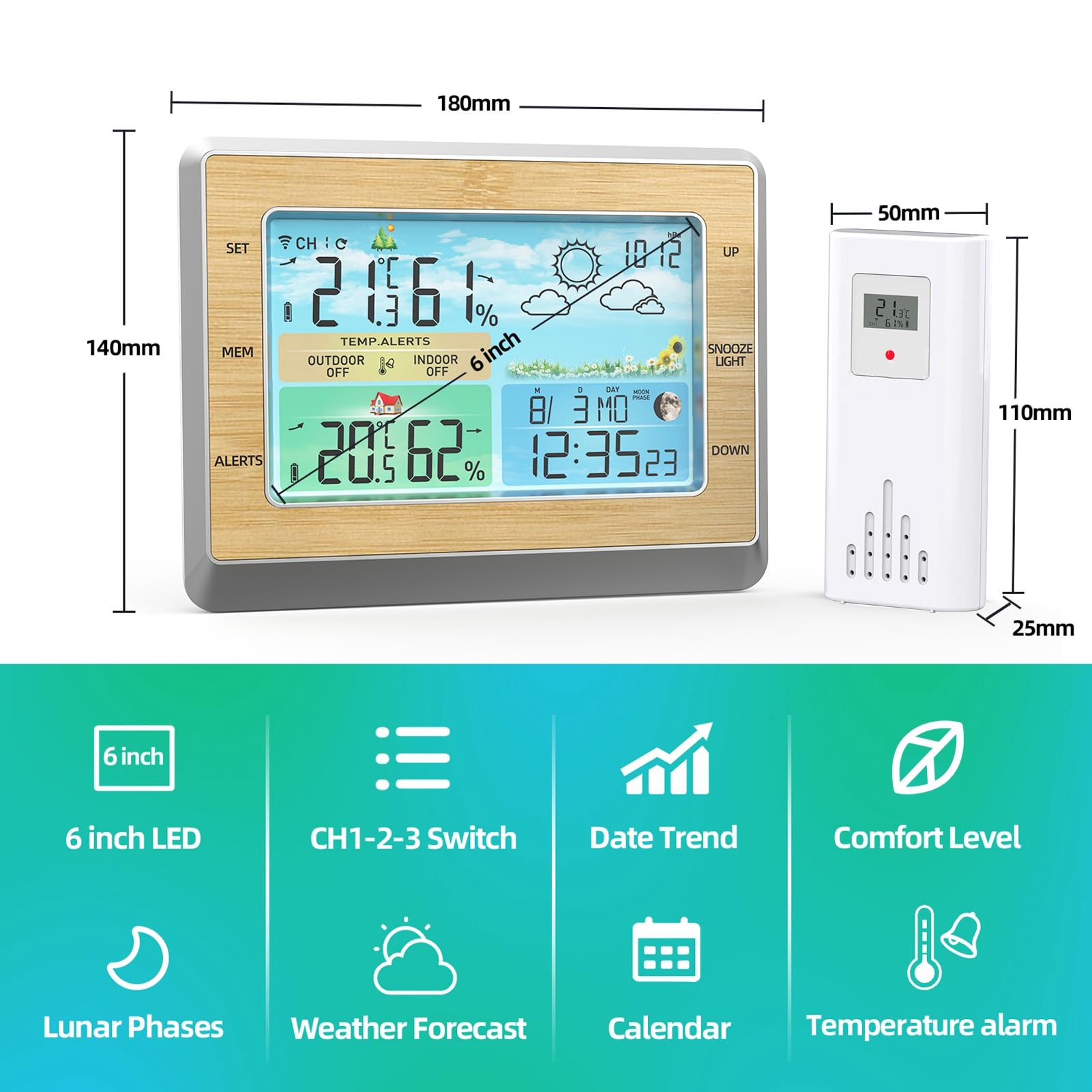 WLAN-Wetterstation mit LED-Farbbildschirm, Helligkeitsanpassung, Temperatur und Luftfeuchtigkeit, wetterfest, subitoaste, Datum, Alarm, Wettervorhersage