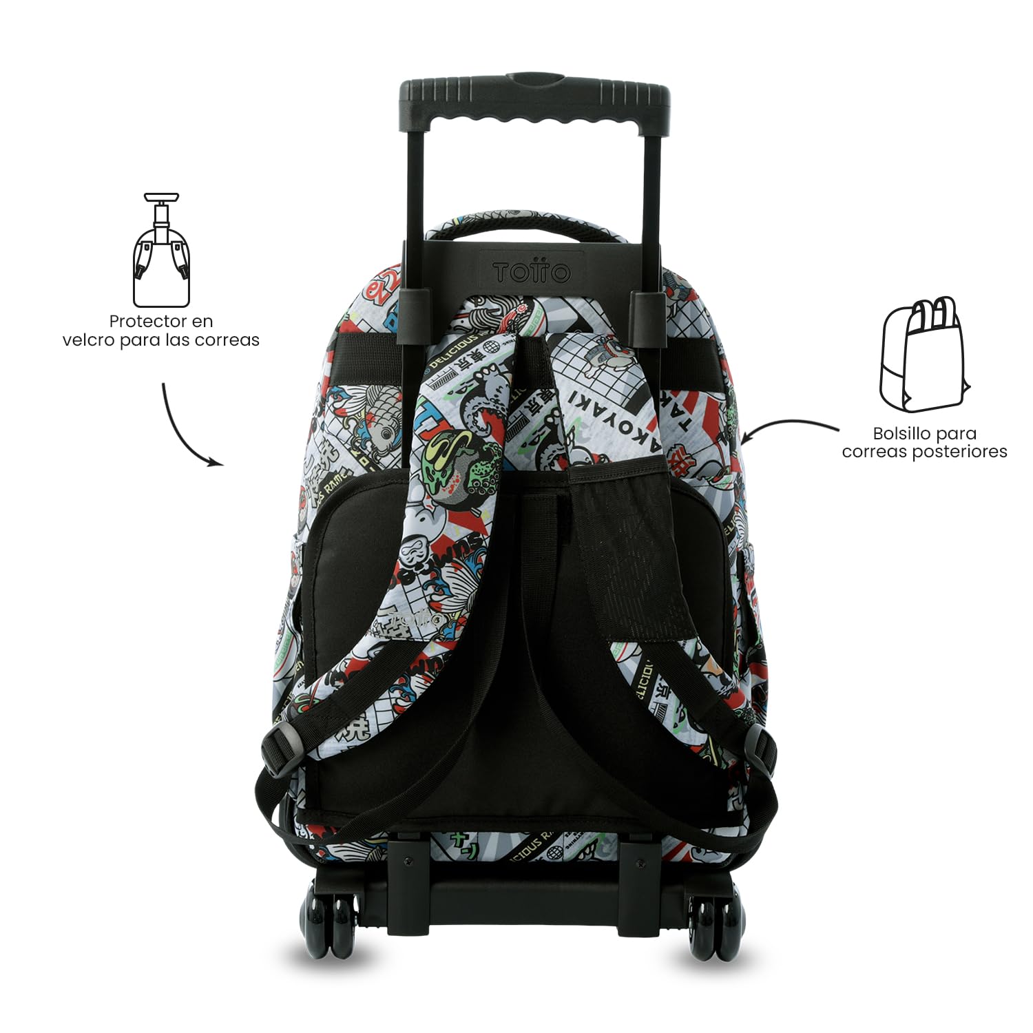 TOTTO - Mochila Escolar con Ruedas, Modelo Renglones, Capacidad 26,21 Litros, Bolsillo para PC 14", Bolsillo Botella, Correas en S para Mayor Comodidad, Resistente, Estampado Ramen Gris