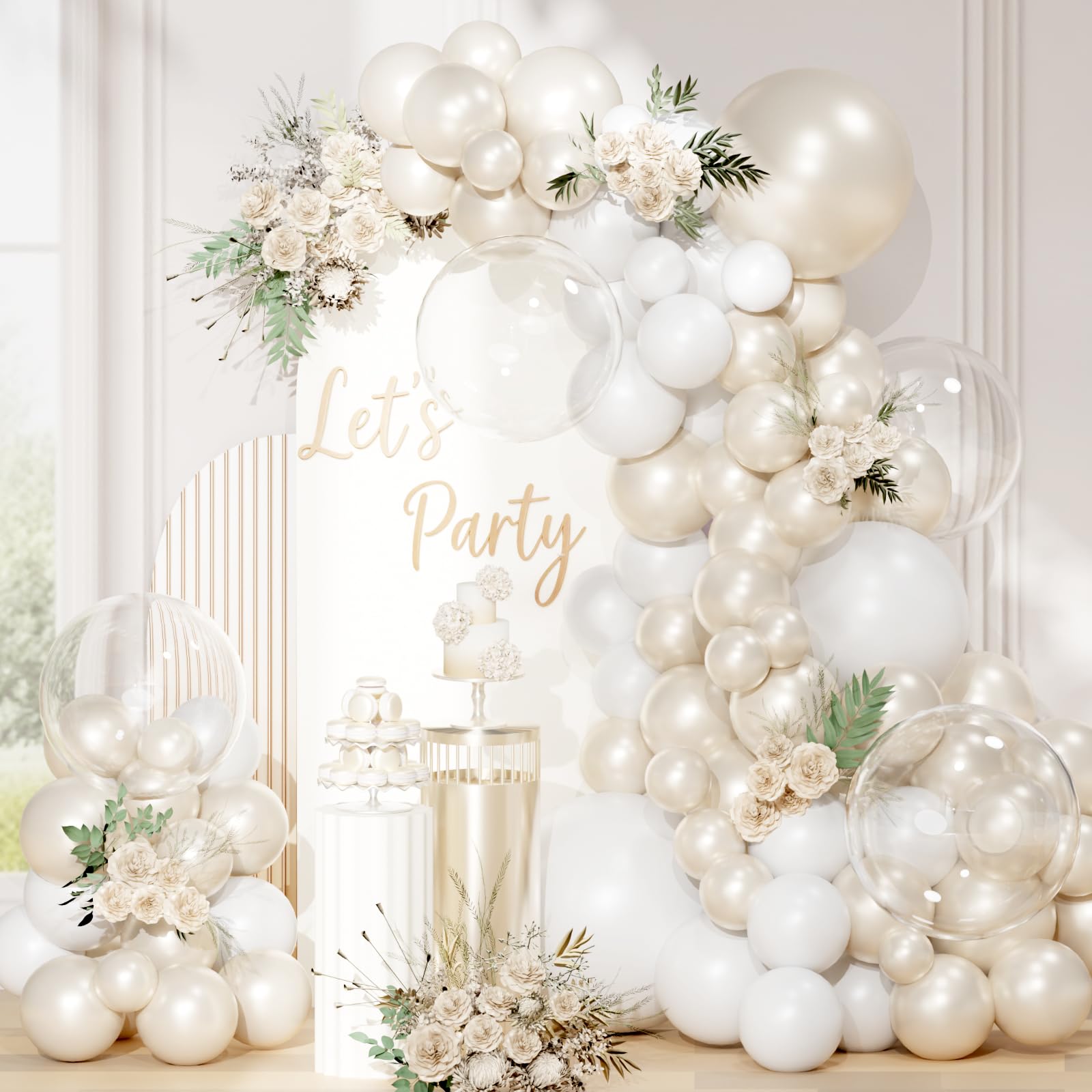 QIFU Pearl White Balloons Arch Kit, 113pcs White Balloon Arch Kit Pearl Wedding Balloon with Bobo for Boho Wedding Engagement Anniversary Bridal Shower Bachelorette Birthday Decoration for Women — image 1