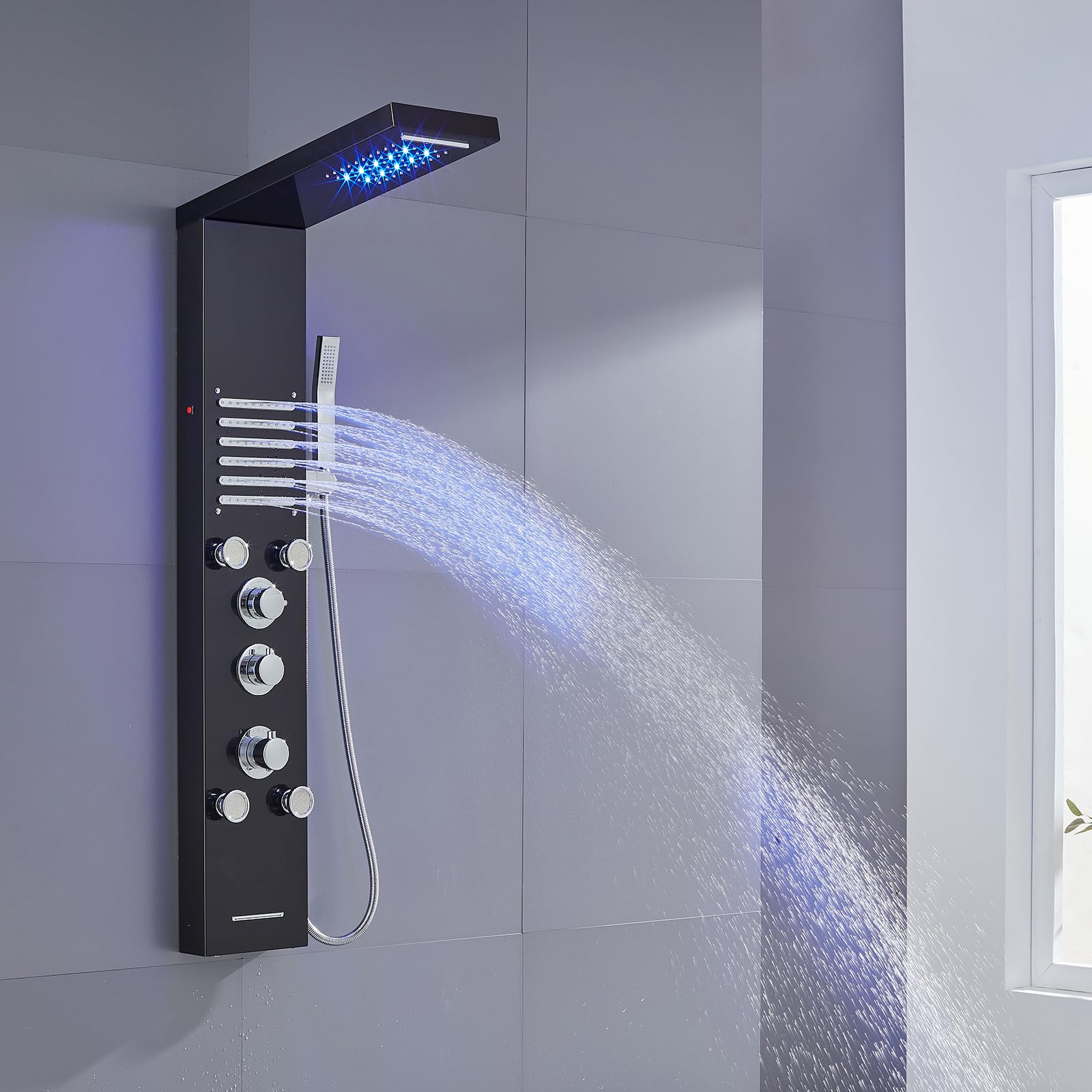 KINKIBOS Thermostatic Tower Shower Panel with LED, 6-Mode Shower Column with Rain & Waterfall, 2 Modes Body Jets, Handset and Bath Spout, 304 Stainless Steel Shower Panel, Black