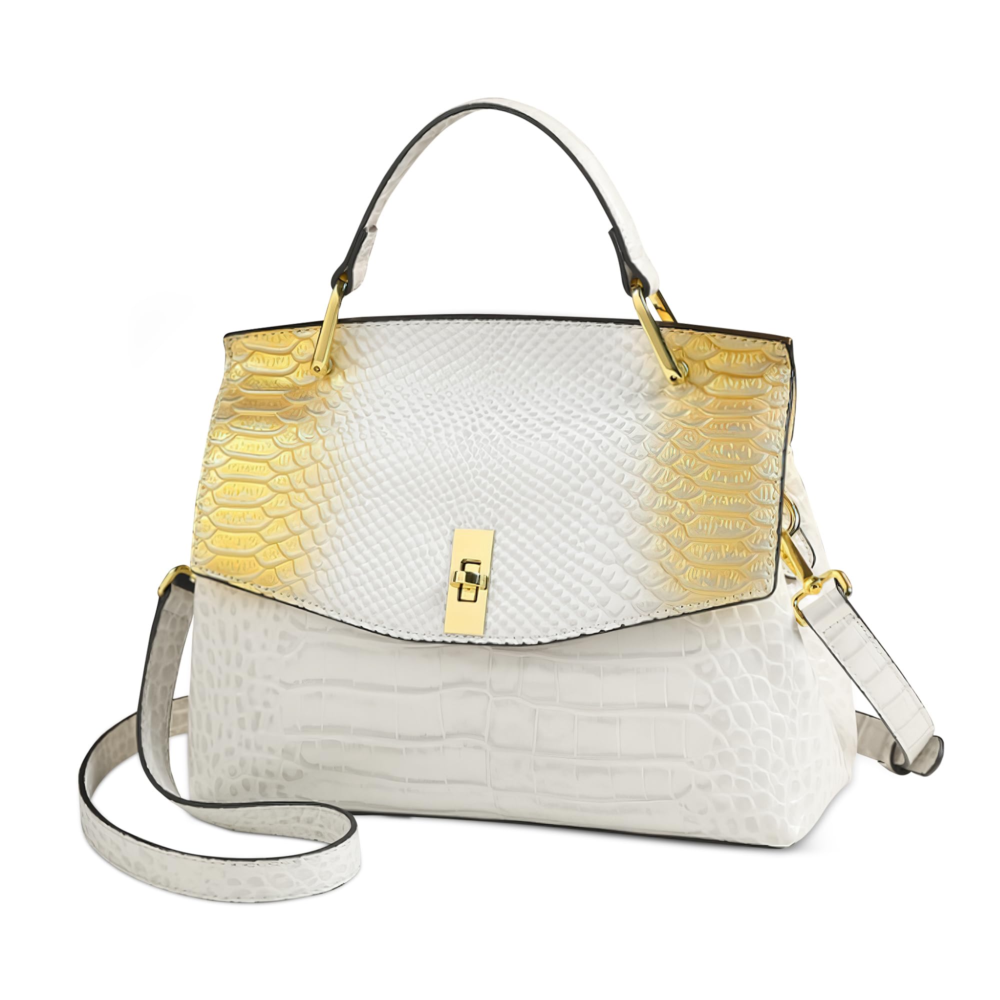 Bolso Elegante Mujer – Bolso de Viaje Casual de Piel PU con Estampado de Cocodrilo a la Moda, Multi Compartimentos & Correa Ajustable, Ideal para Trabajo, Compras y Viajes (Blanco Dorado)