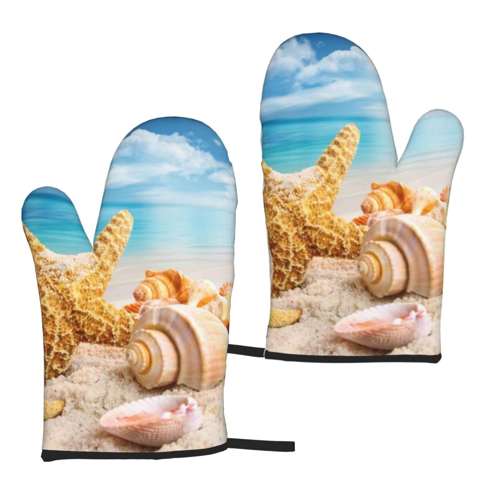 Starfish Seashell Ocean Beach Print Universal Fit Comfort Gloves Protection Heat Resistant Oven Kitchen Baking Grilling