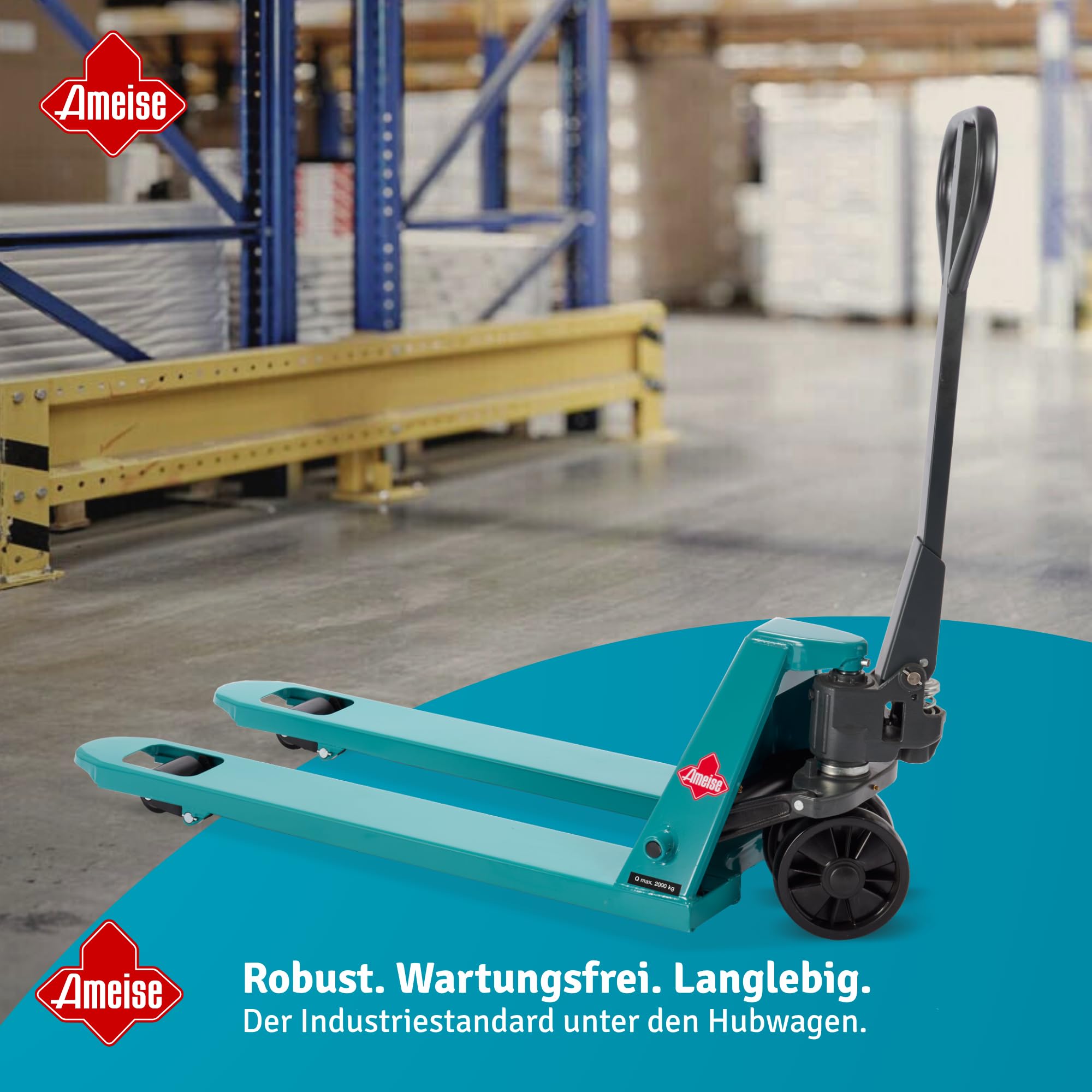Ameise Hubwagen PTM | 2.000 kg Tragkraft | 1.150 mm Gabellänge | Lenkrad/Gabelrolle aus robustem Polyurethan | Einfach-Gabelrollen | Palettenhubwagen