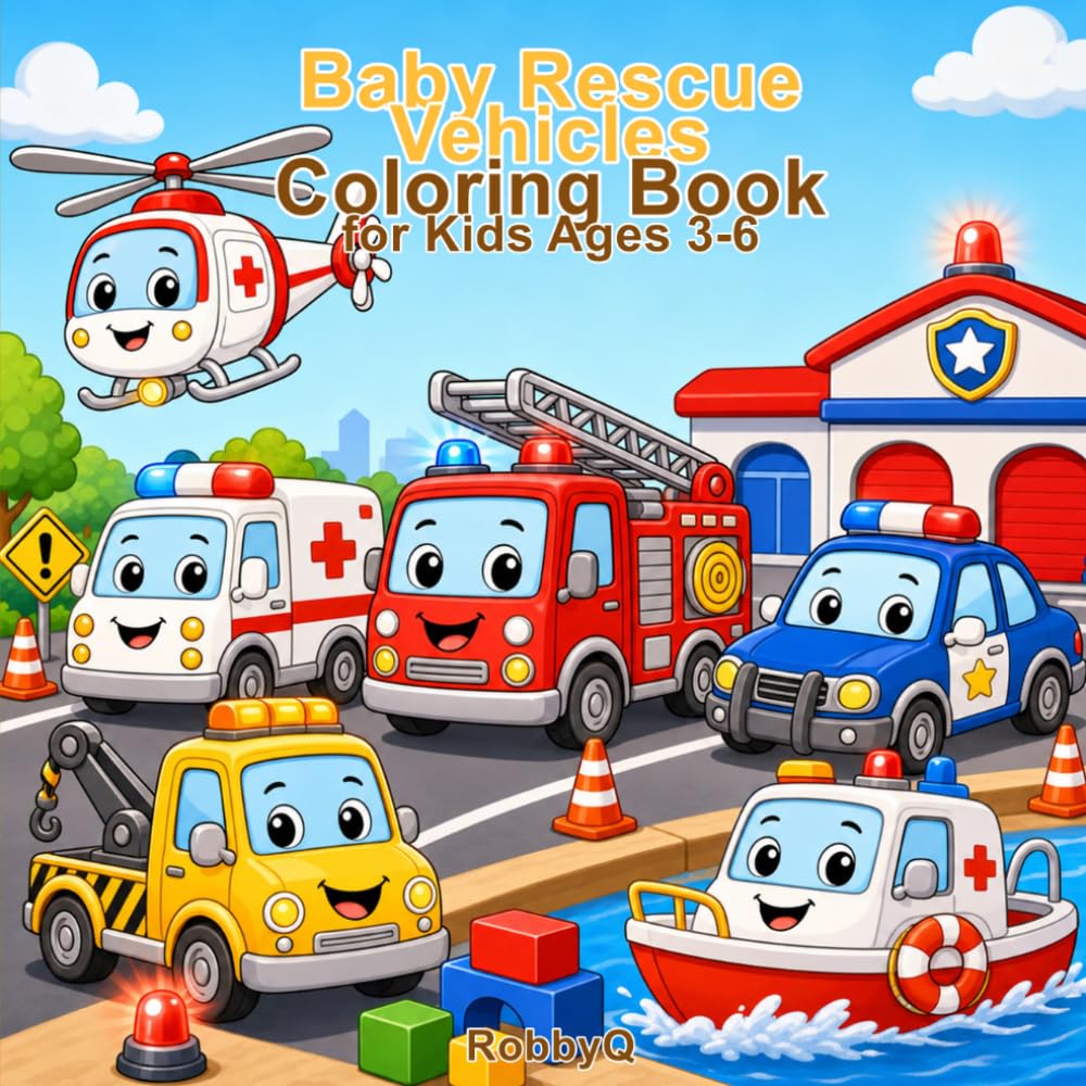 Baby Rescue Vehicles Coloring Book: Cute Ambulances, Fire Trucks, Police Cars, Helicopters and More for Kids Ages 3-6