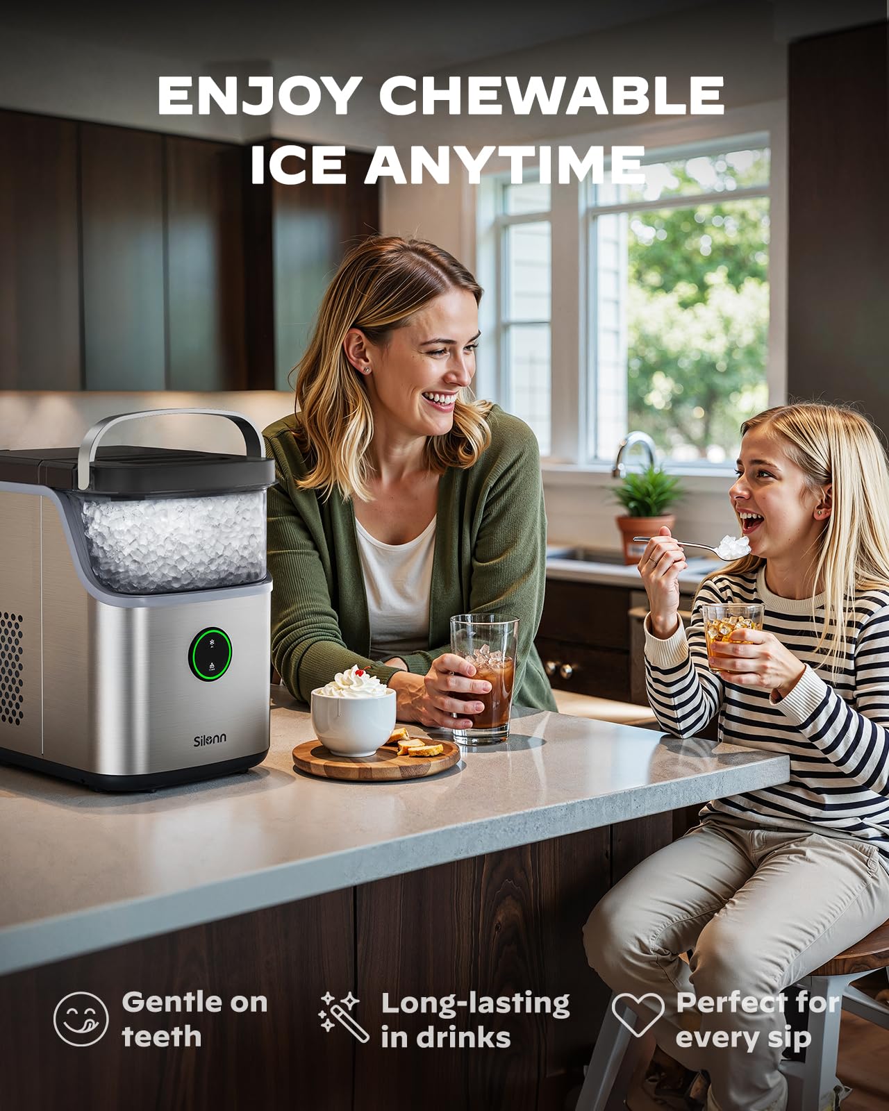 Silonn Nugget Ice Maker Countertop, Ice Basket with Handle, Quiet Operation & Self Cleaning Ice Machine, Chewable Ice, 33 lbs/24H, Portable Pellet Ice Maker with Scoop for Home, Kitchen and Office on Fridge.com