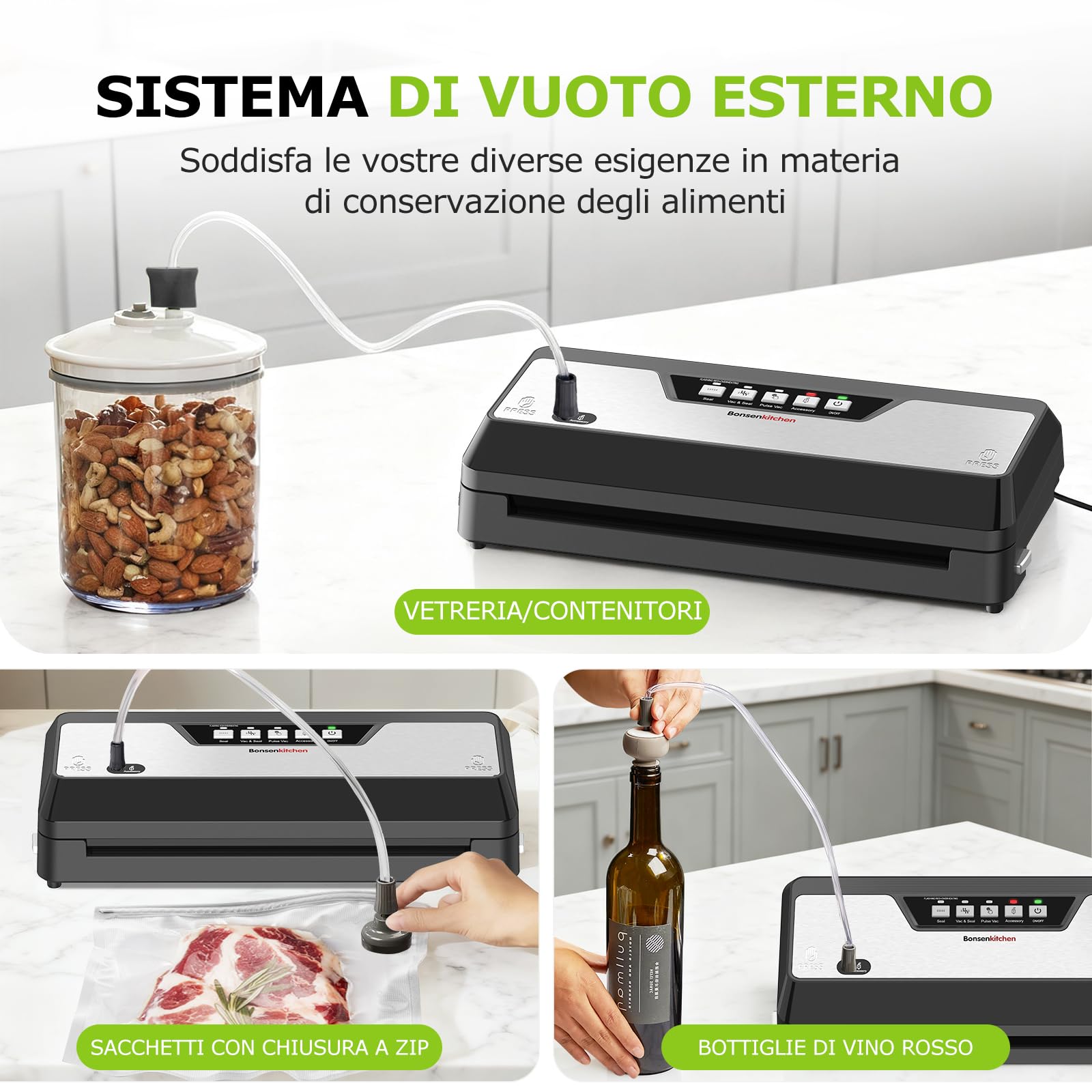 Bonsenkitchen Macchina Sottovuoto Alimenti, 125Watt, Taglierino Integrato | 4 Modalità di Funzionamento, Barra di Sigillatura Allargata, 1 Rotolo di Sacchetti, 5 Sacchetti Sottovuoto, VS3019