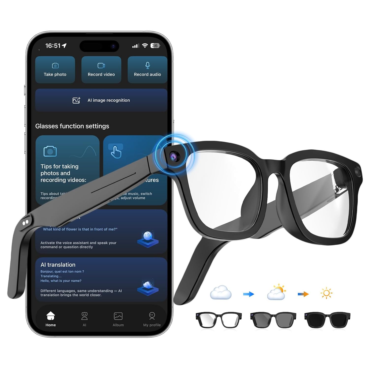 AI Smart Glasses with ChatGPT 8MP Camera Glasses with Camera and Audio AI Translation Sunglasses with 164 Languages