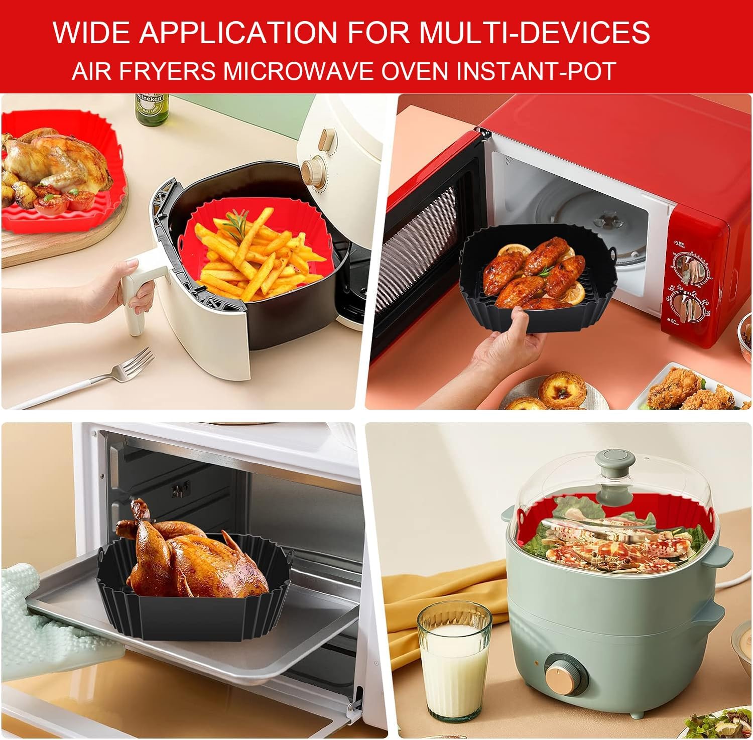 ZELKEY 2 PCS Air Fryer Liners I Square Silicone Basket Baking Tray I Pot with Ear Handles I Nonstick Reusable Heat Resistant I Multicolor (Square Liner, 8 INCH) — Amazon image 8