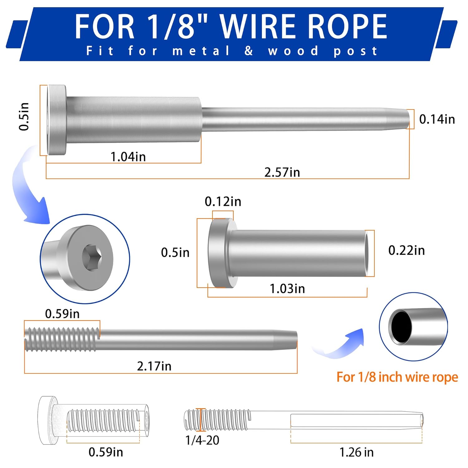 100pcs Invisible Cable Railing Hardware, 1/8" T316 Stainless Steel Invisible Receiver, Threaded Stud Tensioner Kit Hardware for 2×2" Wood Metal Post Wire Railing Kit Deck Cable Railing Kit