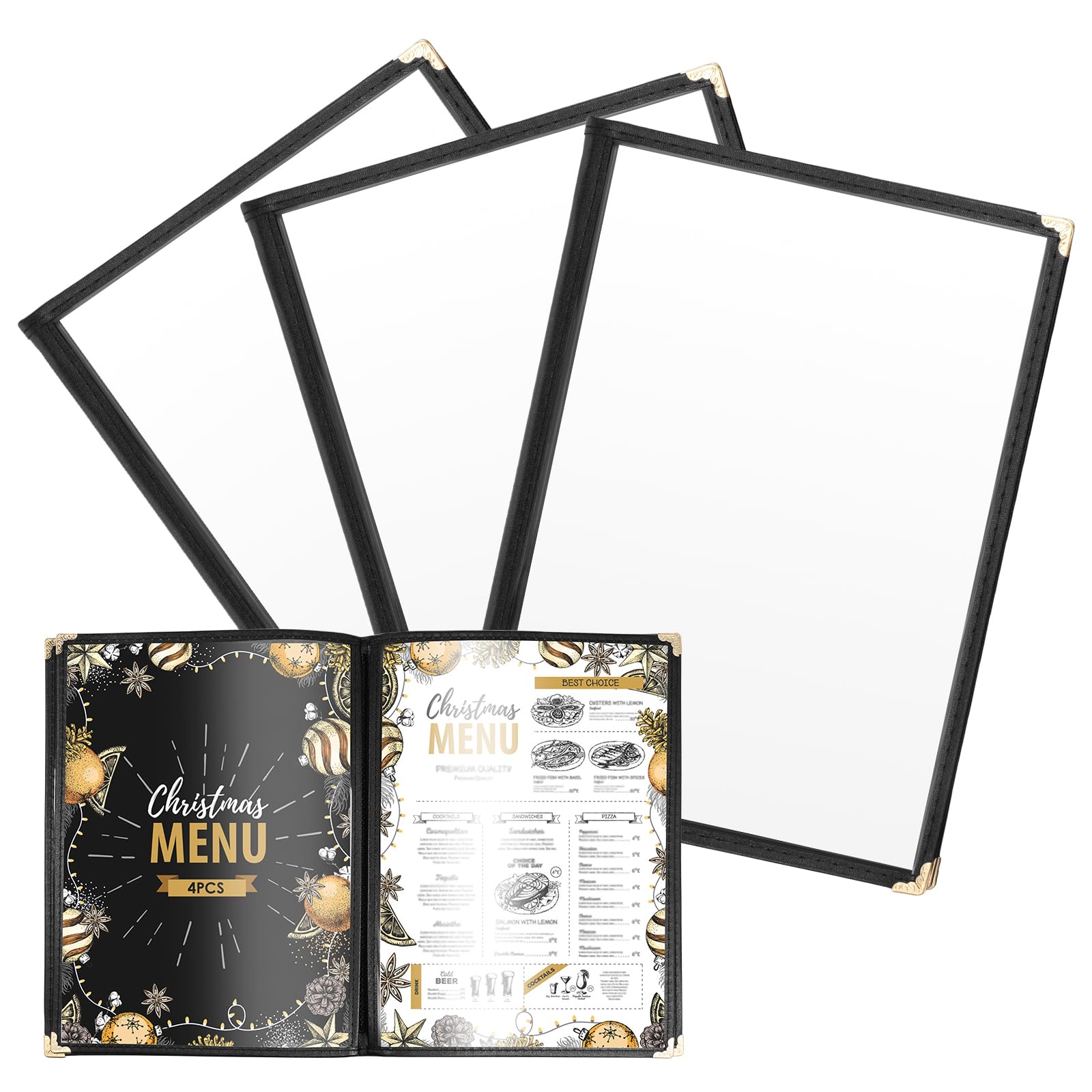 LuLobtg 4 Pack A4 Menu Covers, 4 Pages 8 Views Transparent Restaurant Menu Holder, Black Trim Clear View Wine Menus Cover with Metal Corner Protectors for Bars Cafes Homeschool