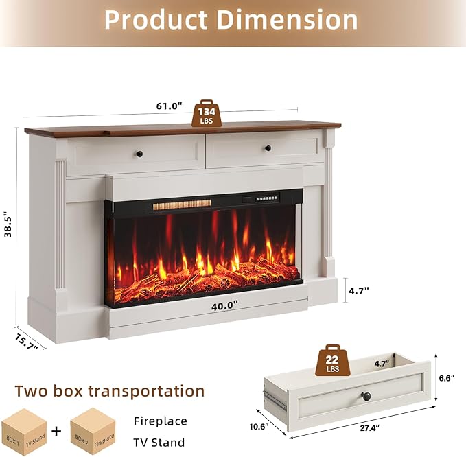 Chimenea Eléctrica con Manto 61", Soporte TV, 2 Cajones, Blanco Antiguo miniatura 2