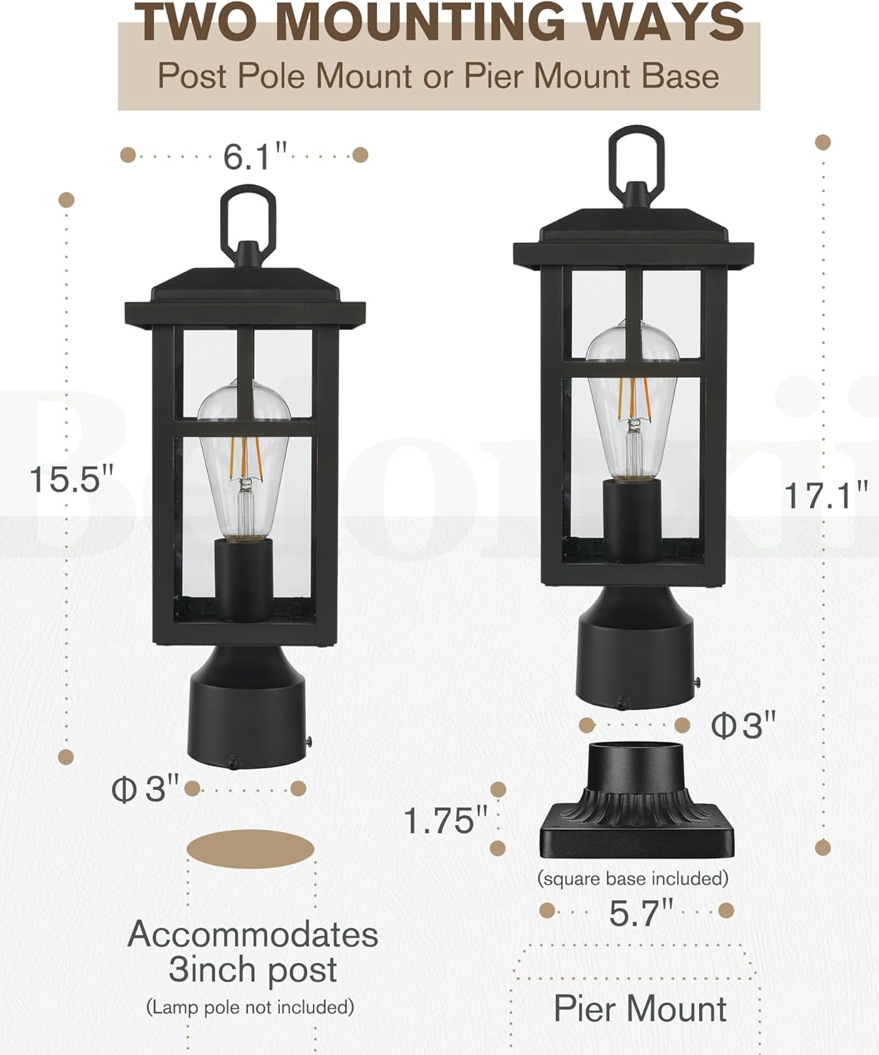 Beionxii Outdoor Post Lights, Lamp Post Light Fixture for Outside, Waterproof Aluminum Housing,Column Mount Light(Hardwired 120V),BXA525P-2PK/B