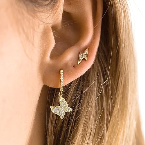 Miniatura 2 de Aretes chapados en oro de 18 quilates con diseño de rayo, aretes colgantes de oro punk con diamantes de relámpago, aretes colgantes de circonita