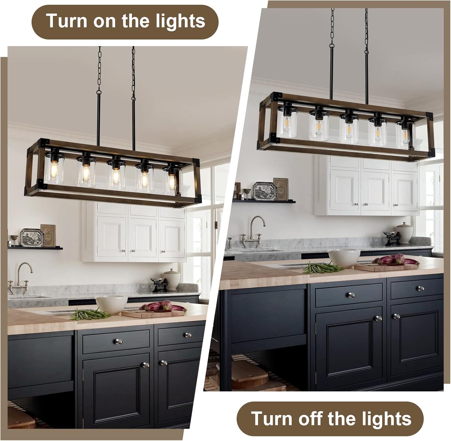 5-Light Kitchen Island Light Fixtures, Black Rectangle Farmhouse Chandeliers, Dining Room Light Fixture Chandelier Over Table, Rustic Wooden Large Pendant Lights kitchen island, with Clear Glass Shade