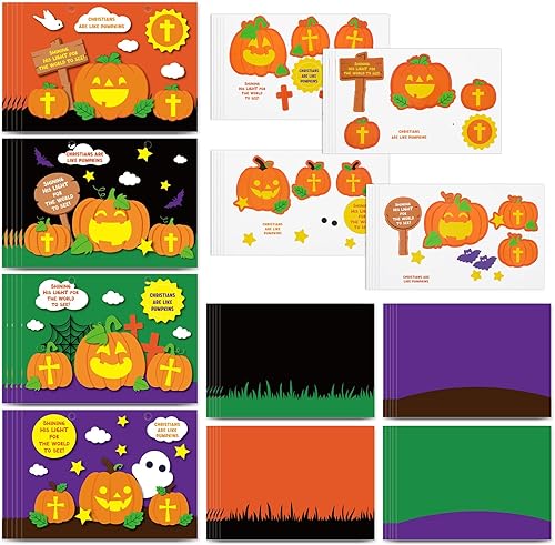 Peryiter Juego de 24 kits de manualidades de calabaza religiosa de Halloween para niños, calabaza cristiana con telaraña, Biblia, murciélago,