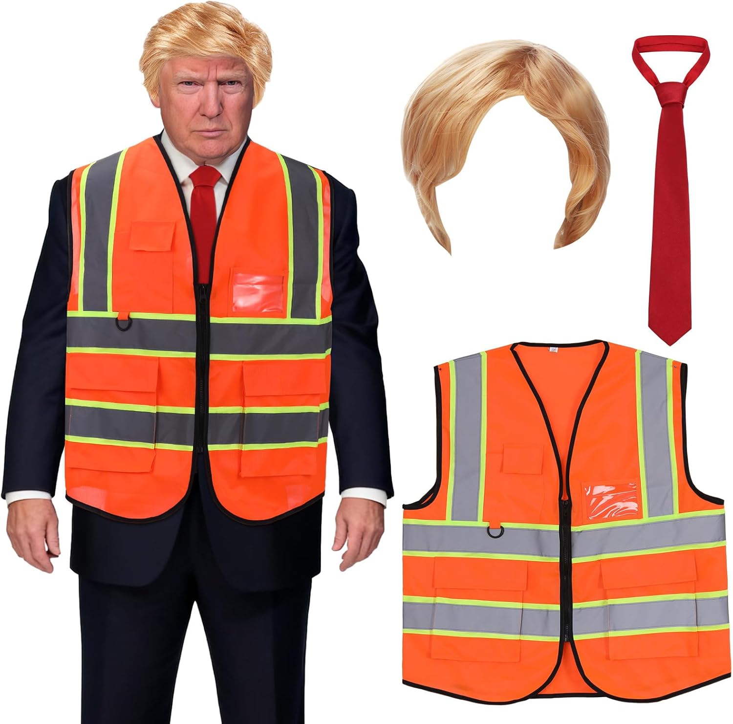 3 Pcs Celebrity Costume Kit Halloween Funny Celebrity Cos Cleaner Presidential Candidate Wig Set Including Orange Vest, Wig, Red White Tie for Halloween Cosplay Party