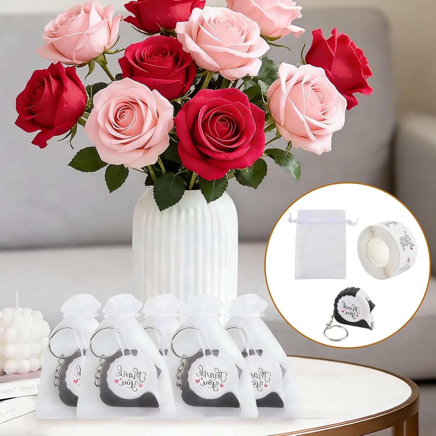 24 Sets Mini Tape Measure Keychain Retractable 1Ft Measuring Tape Measuring Tool with Thanks Stickers and Bags for Wedding Favors, Father's Day, Gratitude Gifts & Bridal Shower Party Guest Souvenirs