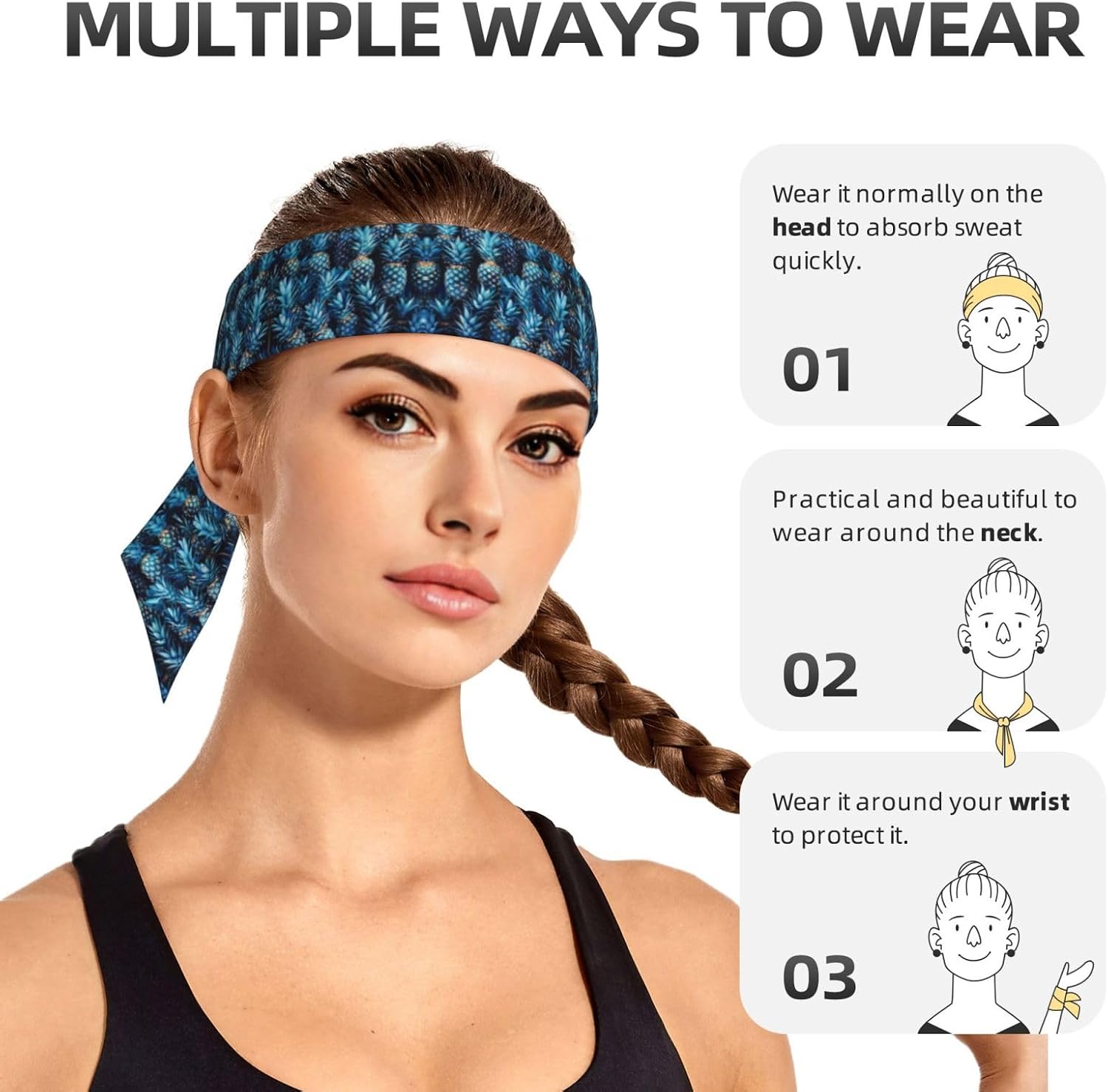 Blue Pineapple Print Soft Long Unisex Adjustable Headwraps, Hair Athletic Bands for Running, Tennis, and Sports
