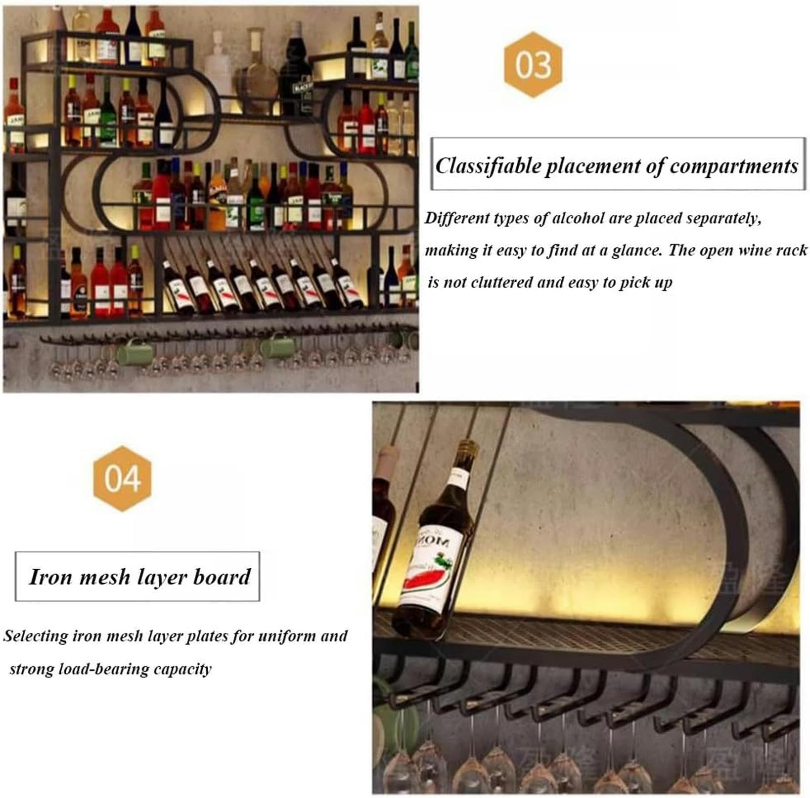 Étagère murale moderne à 2 étages en fer pour bouteille de vin, étagère de rangement multifonction pour maison, bar, salle à manger, cuisine